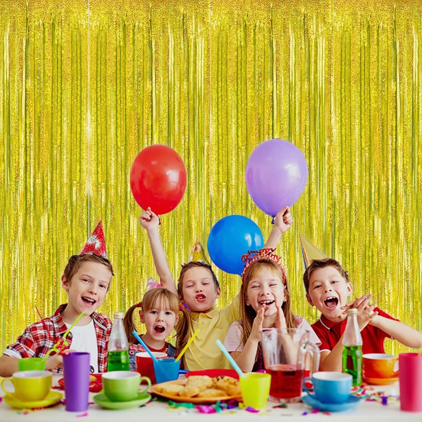 4 Pack Gold Tinsel Foil Fringe Curtain Backdrop, 3.28Ft x 8.2Ft Metallic Streamers for Photo Booth Props Wedding Bridal Shower Bachelorette Birthday Halloween Christmas Party Decoration