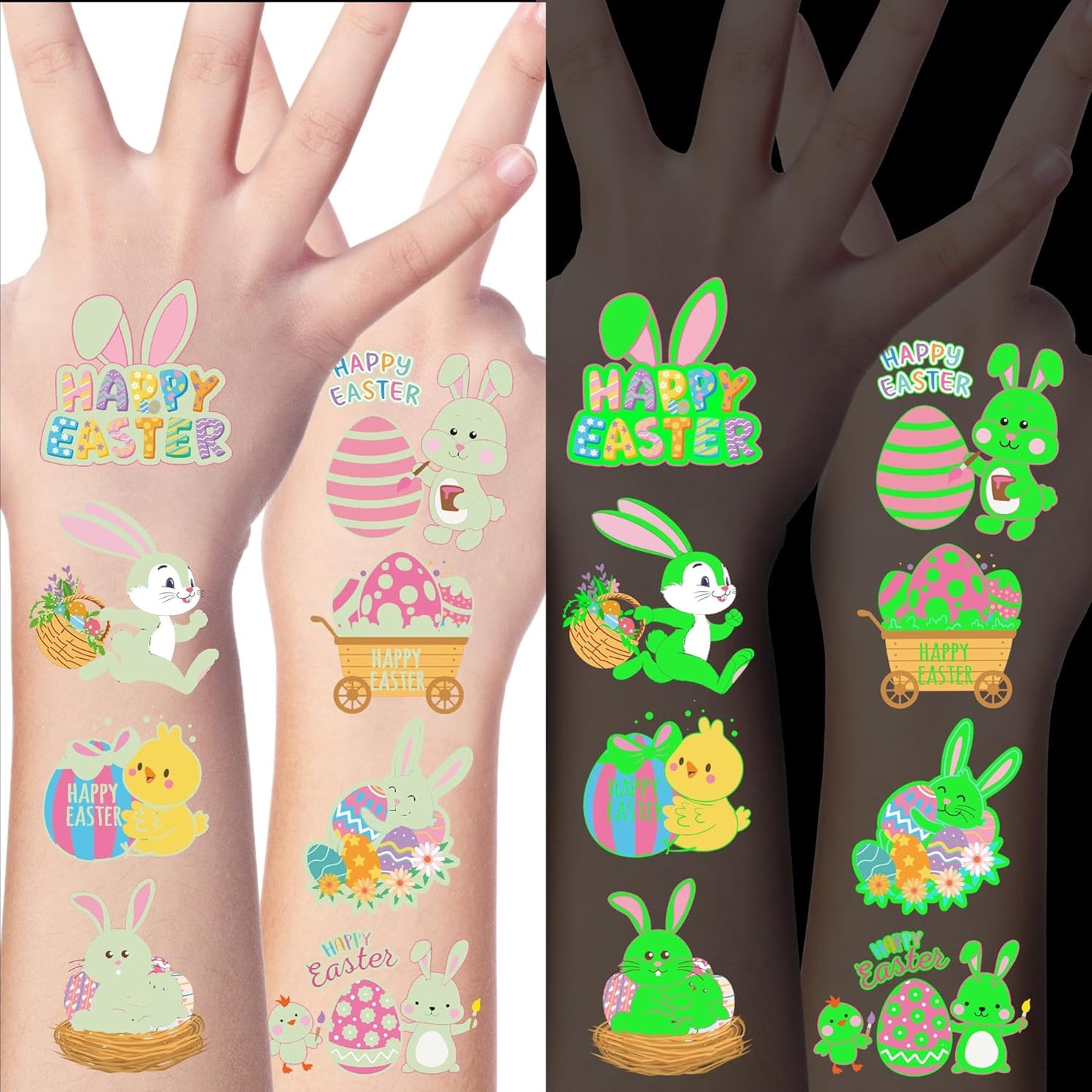 150 PCS Luminous Easter Tattoos for Kids, 25 Styles Glow Easter Stickers for Easter Basket Stuffers, Waterproof Easter Temporary Tattoos with Bunny Egg Chick for Easter Basket Filler Party Favors