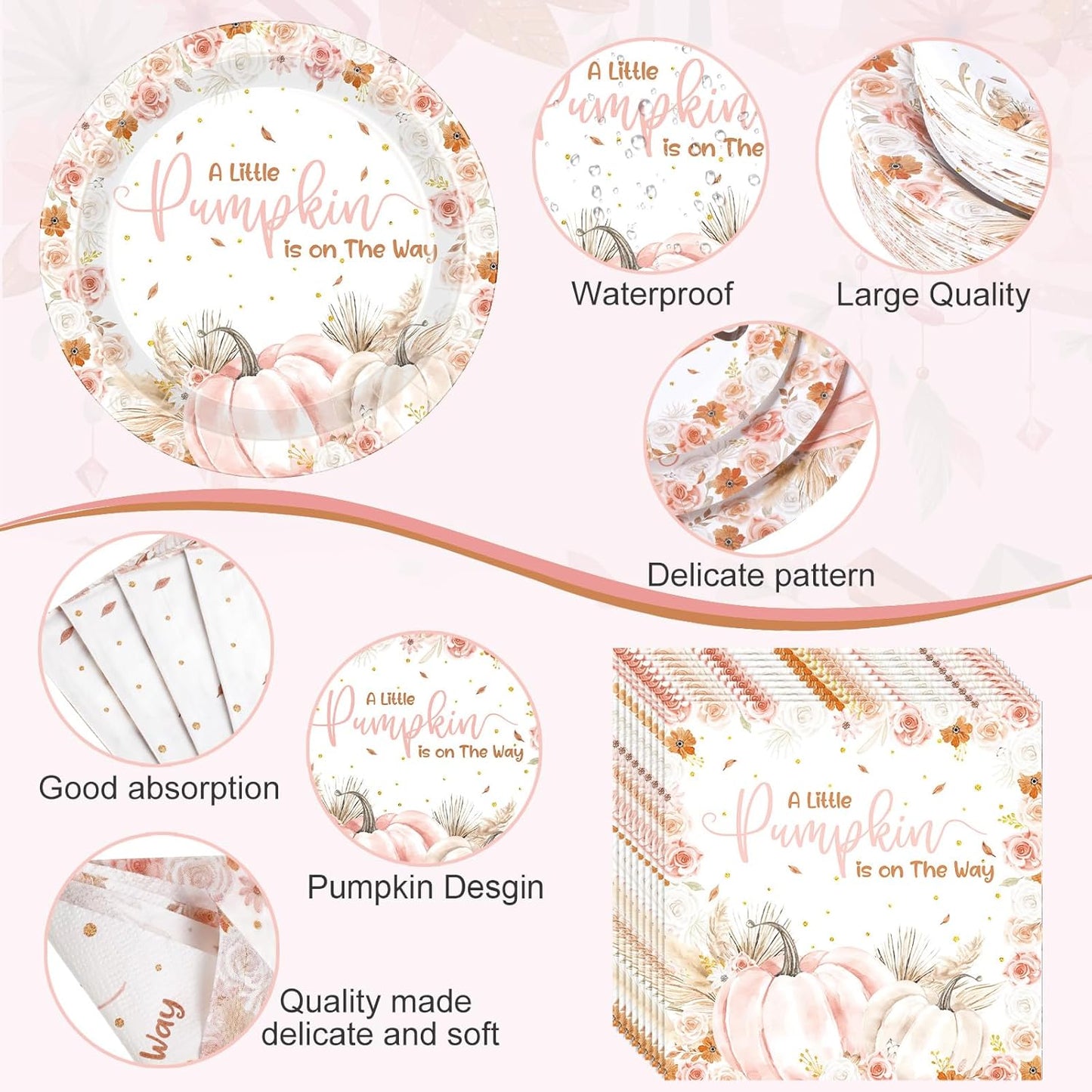 452 Pcs Little Pumpkin Baby Shower Decorations for 50, Pink A Little Pumpkin Is on the Way Paper Plates Napkins Cups Tablecloth Cutlery Straws for Autumn Fall Thanksgiving Party Supplies