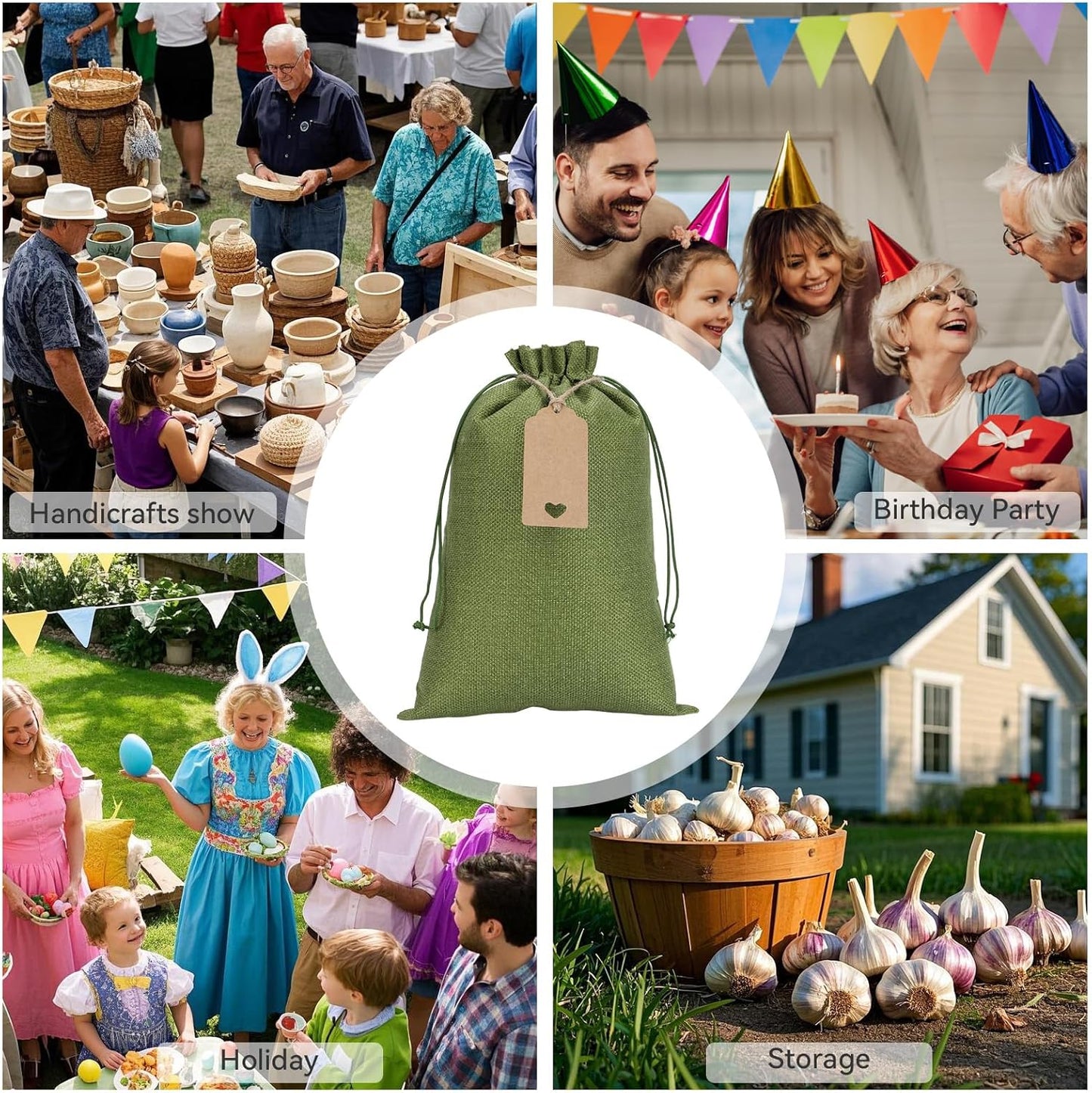 Tapleap Burlap Bags with Drawstring - 10Pcs 8x12 Green Gift Sacks for Wrapping Halloween Favors, Clothes, Hand Sanitizer, Mason Jars, For Birthday, Wedding, Party or Household Use