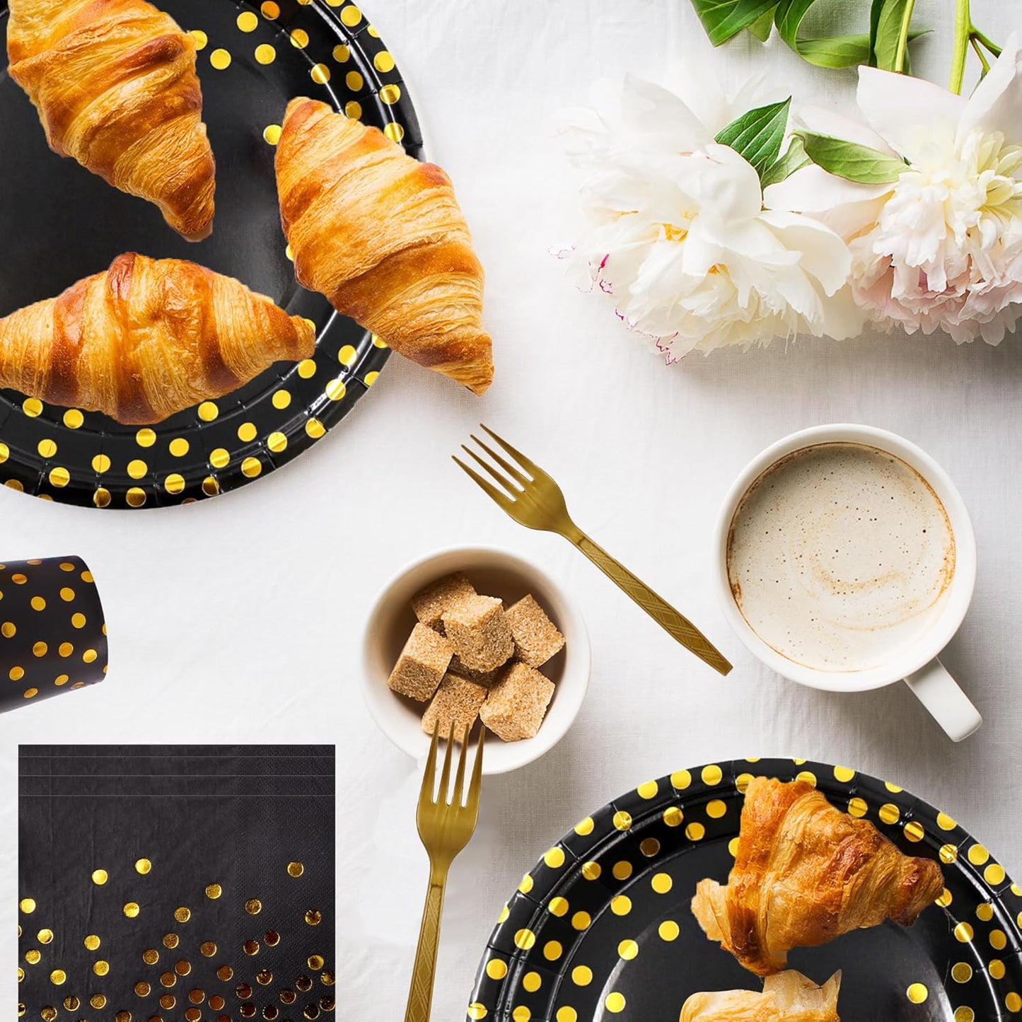 160 Pcs Black and Gold Paper Plates, Forks and Cups Party Supplies, Disposable Paper Dessert Cake Plates Tableware Supplies for Birthdays, Graduations, Weddings, Holidays (40 Guests)