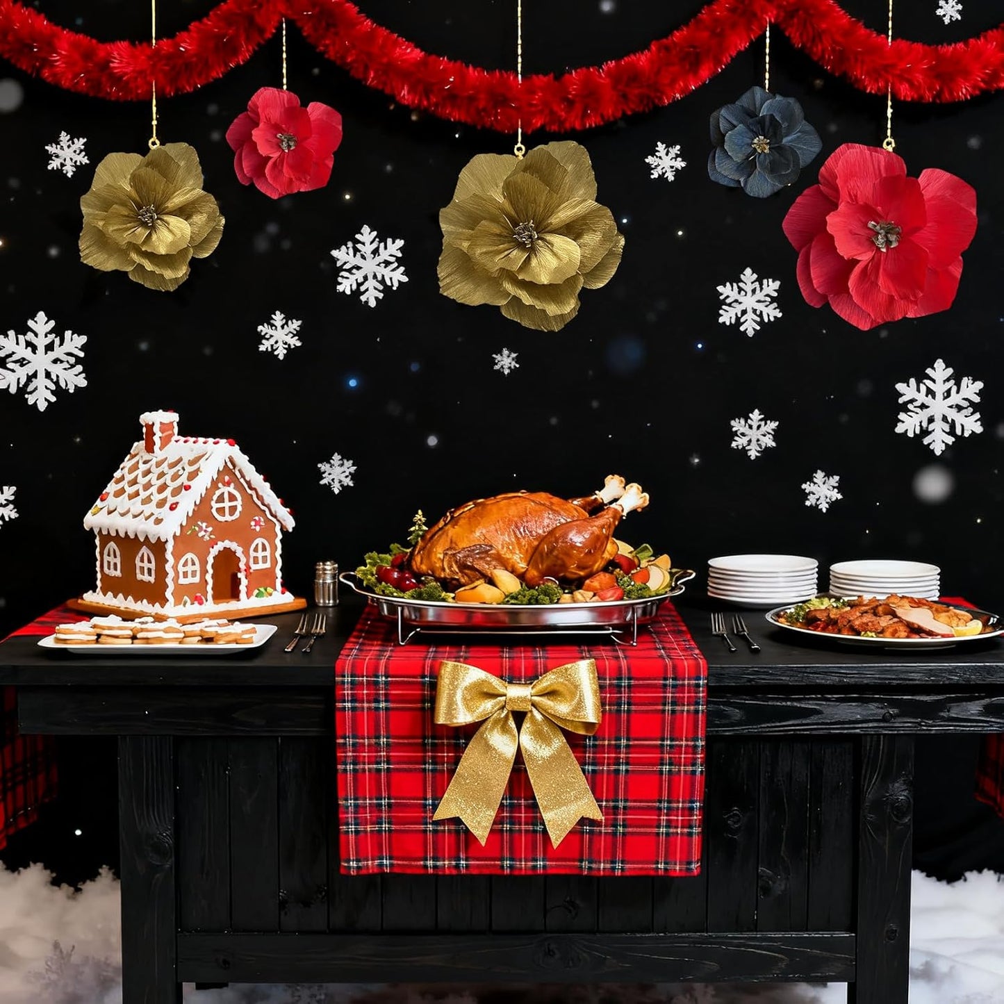 BRT Bearingshui Crepe Paper Flowers Decoration for Wall Total 9 Pcs, Artificial Flowers Backdrop for Wedding Decor Baby Bridal Shower Birthday Party, Red Gold Black 3D Wall Flowers Decor