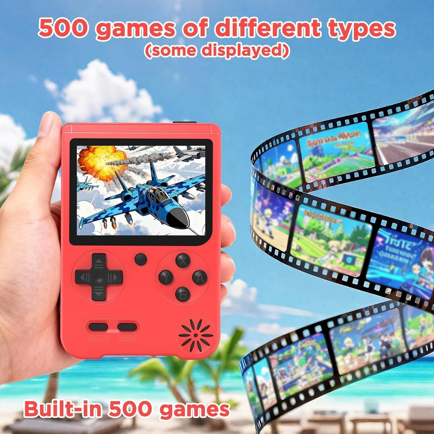 Retro Handheld Game Console, 3-inch Portable Game Console with 500 Built-in Classic Games, 1200mAh Rechargeable Battery,Plug & Play Video Games, Suitable for Adults - Red