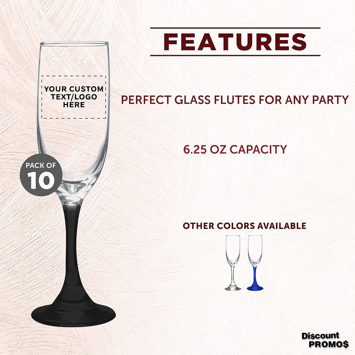 DISCOUNT PROMOS Custom Premiere Champagne Flutes 6.25 oz. Set of 10, Personalized Bulk Pack - Elegant Drinkware for Weddings, Events, & Promotional Gifts - Black
