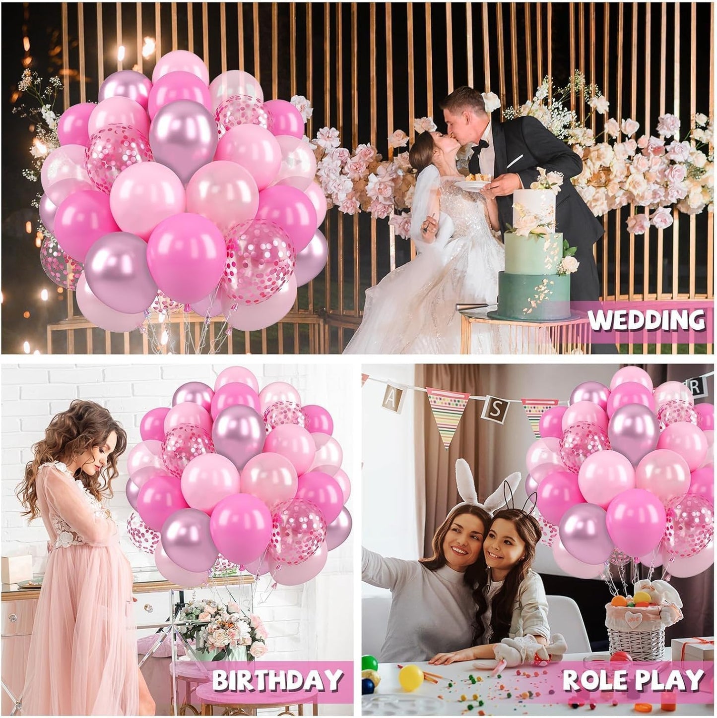 Paready Pink Balloons Set, 50 Pcs 12 Inch Metallic Pastel Pearl Light Pink Confetti Balloons Helium with Ribbon for Women Girls Wedding Bridal Baby Shower Princess Birthday Party Decorations