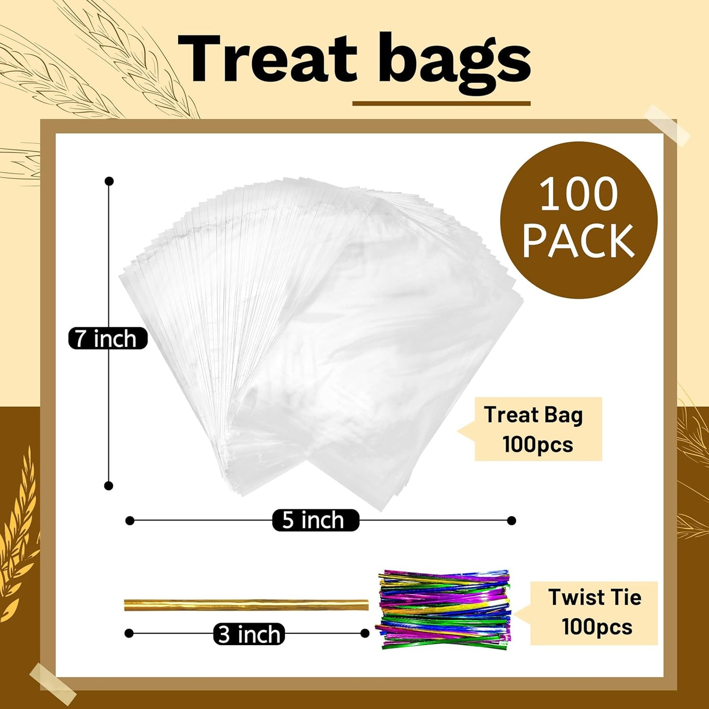 LOKIQNG Cellophane Bags Plastic Treat Bag Clear Cookie Candy Bags with Twist Ties for Party Favor Bag(100 Pack, 5x7inch)