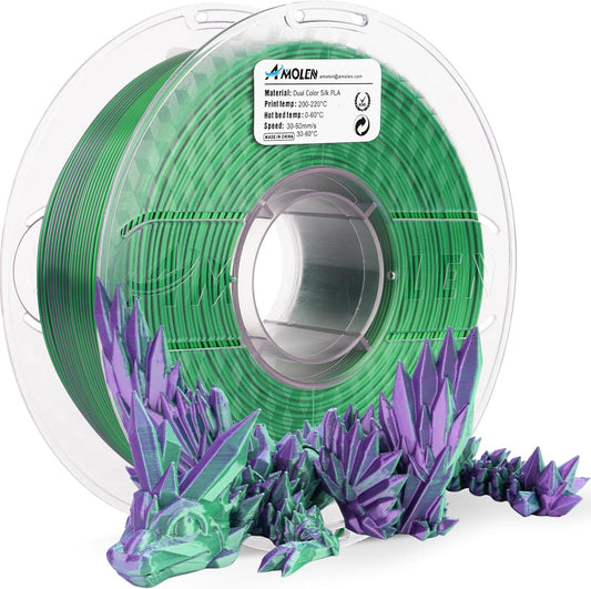AMOLEN Silk PLA 3D Printer Filament, Dual Color Purple Green PLA 1.75mm, Shiny Color Change Filament 3D Printing PLA Filament for Most FDM 3D Printer, 1kg Spool(2.2lbs)