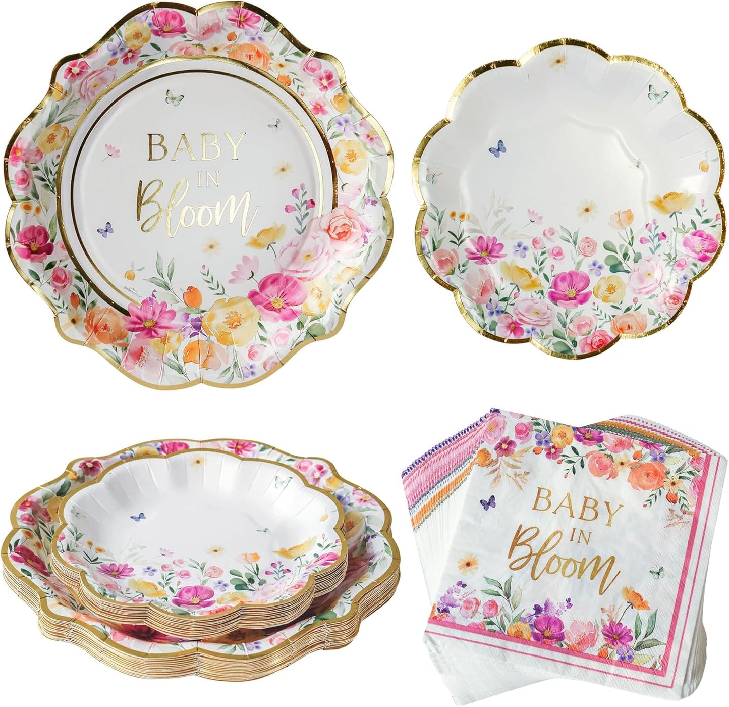 Kate Aspen Baby in Bloom 62 Piece Party Tableware Set Baby Shower Party Decorations Plates & Napkins, Vibrant Floral Botanical (16 Guests)- Perfect for Greenery Baby Shower