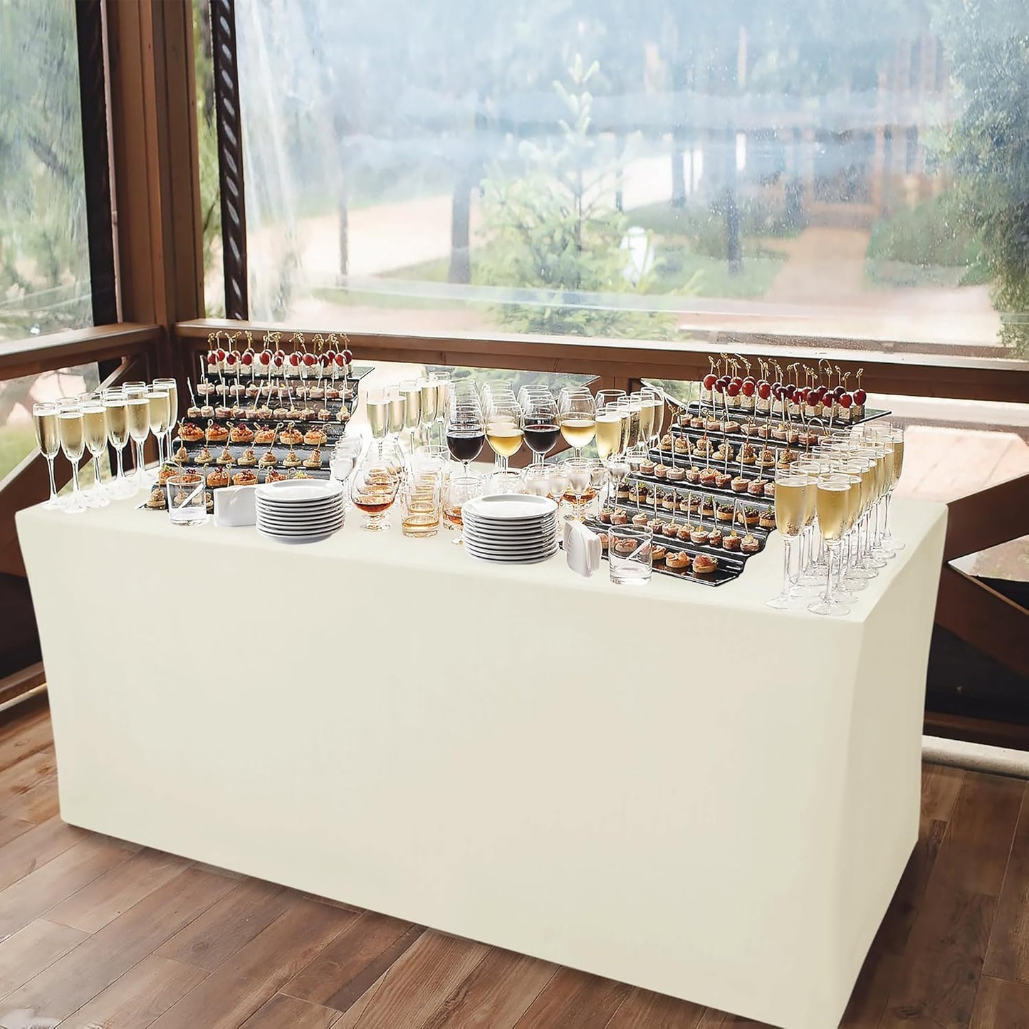 Nasitos Spandex Fitted Table Clothes, 2 Pack - 48 x 24 Inch - Beige Rectangle Tablecloths for 4 Foot Tables, Fabric Cover Protector for Folding, Parties, Craft Show, Trade Show