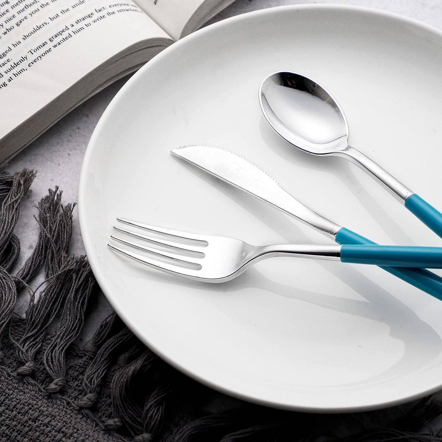 WELLIFE 144Pcs Blue Plastic Silverware, Heavy Duty Plastic Flatware with Blue Handle, Includes 48 Forks,48 Knives,48 Spoons for Party