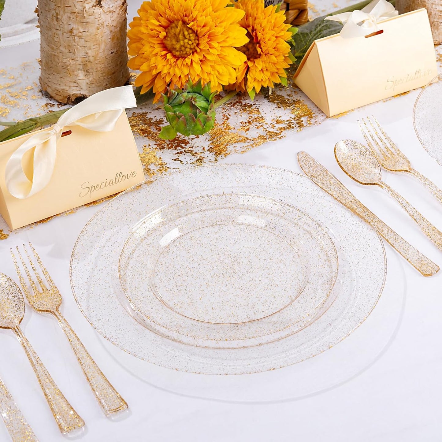 WDF 200PCS Gold Plastic Plates - Gold Glitter Plastic Plates - Heavy Duty Gold Glitter Disposable Plates - Include 100 Dinner Plates 10" and 100 Dessert Plate 7" for Parties/Wedding