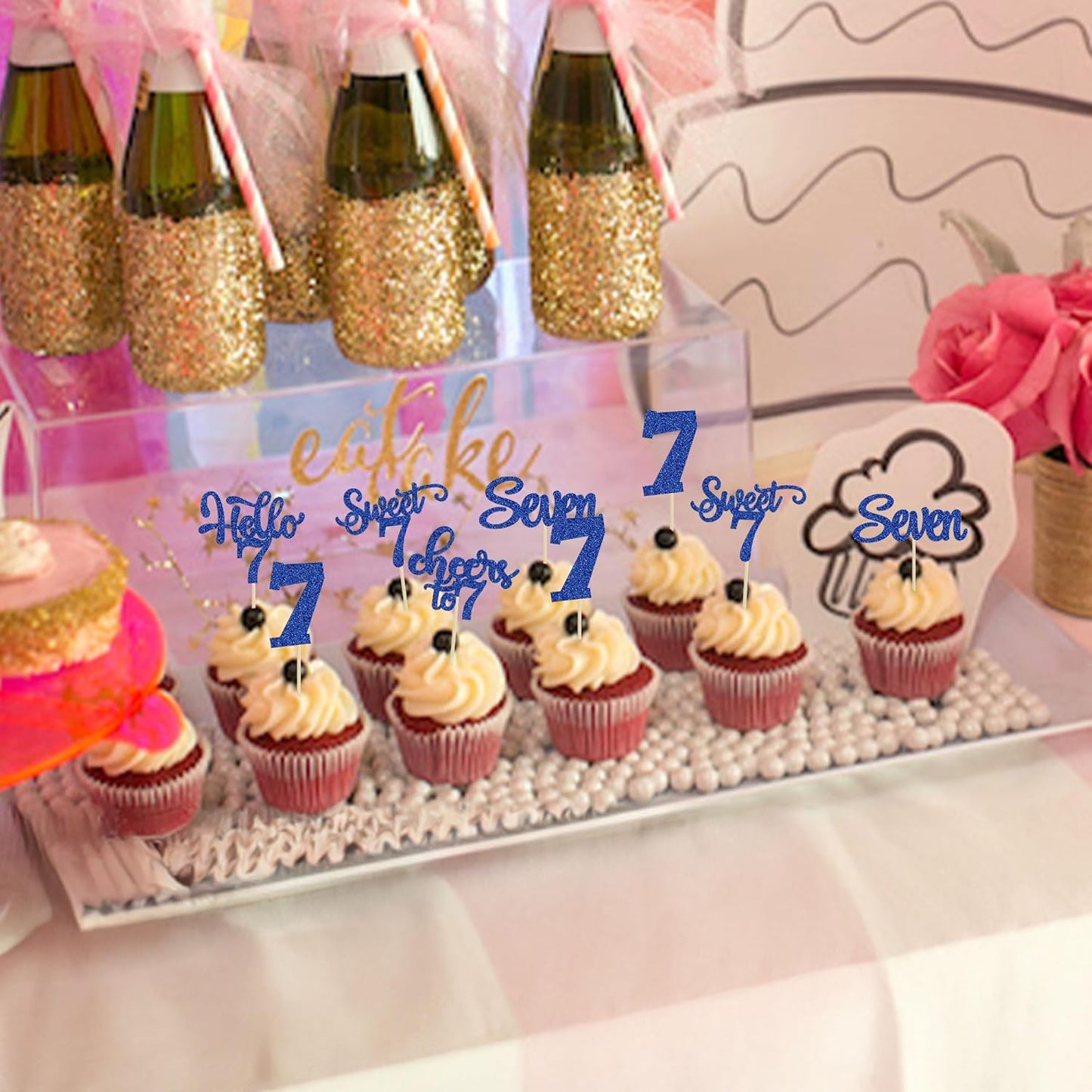 30Pcs 7th Birthday Cupcake Toppers Glitter Seven Happy 7 Cupcake Picks Cheers to 7 Years Old Cake Decorations for 7th Birthday Party Supplies Deep Blue