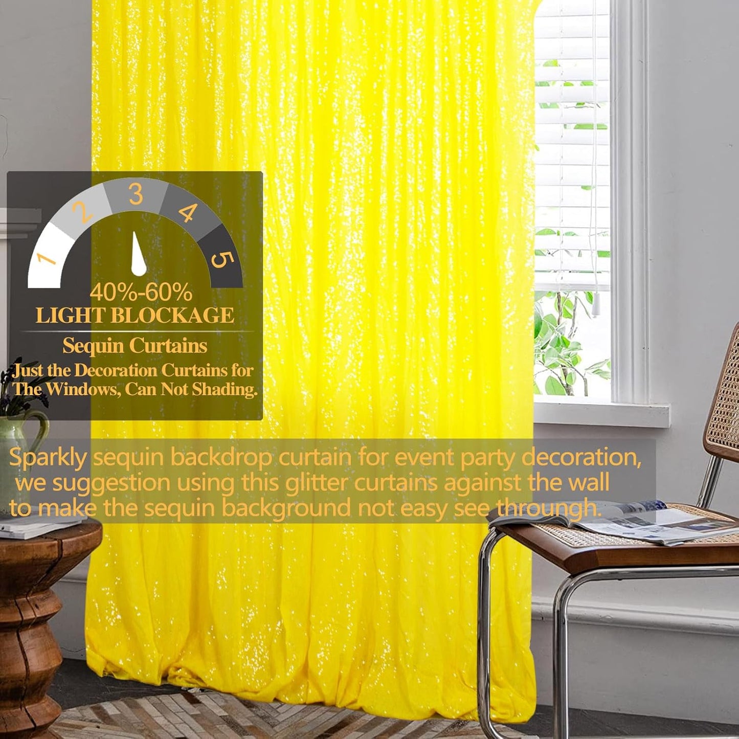 DUOBAO Sequin-Backdrop-Curtains 2 Panels 2FTx7FT Shower Backdrop Curtain Sequin Background Wedding Evening Backdrops Curtains with Rod Pockets Sequins Photo Photography(2FTx7FT, Yellow)