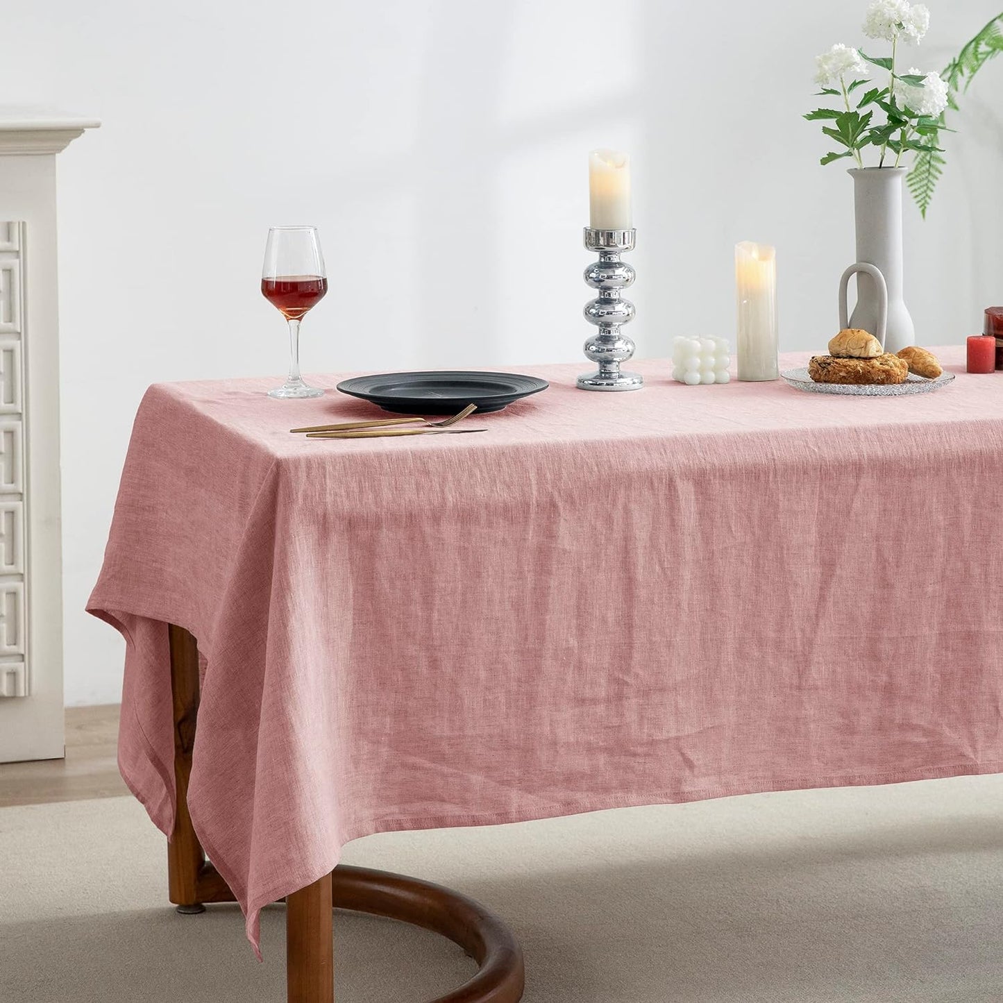 EVERLY 100% Pure Linen Rectangle Tablecloths 60x84Inches for Dining,Buffet Parties,Picnic,Events,Weddings and Restaurants,Decorative Halloween,Thanksgiving Machine Washable Tablecloths-Muddy Pink
