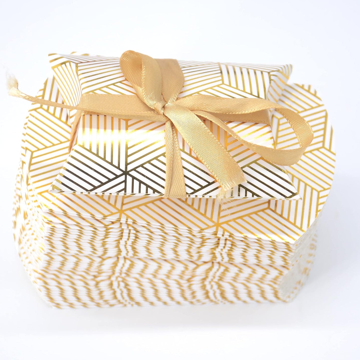 Aokbean 100 Pack Mini Pillow Candy Box Small Gift Boxes with 50 Yards Ribbon for Christmas Wedding Party Favor Gift, Jewelry or Soap Packaging (Gold Stripes)