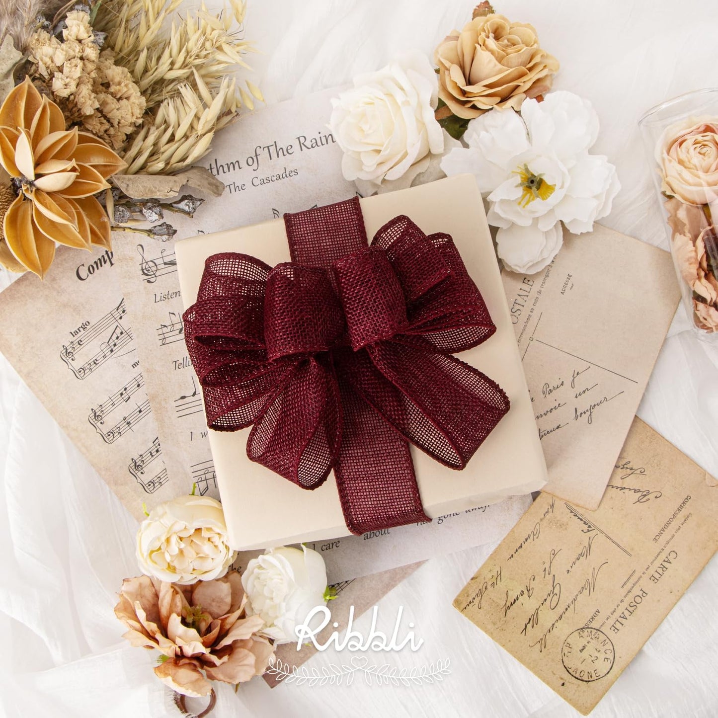 Ribbli Burgundy Burlap Wired Ribbon,1-1/2 Inch x 10 Yard, Wired Edge Ribbon for Big Bow,Wreath,Tree Decoration,Outdoor Decoration