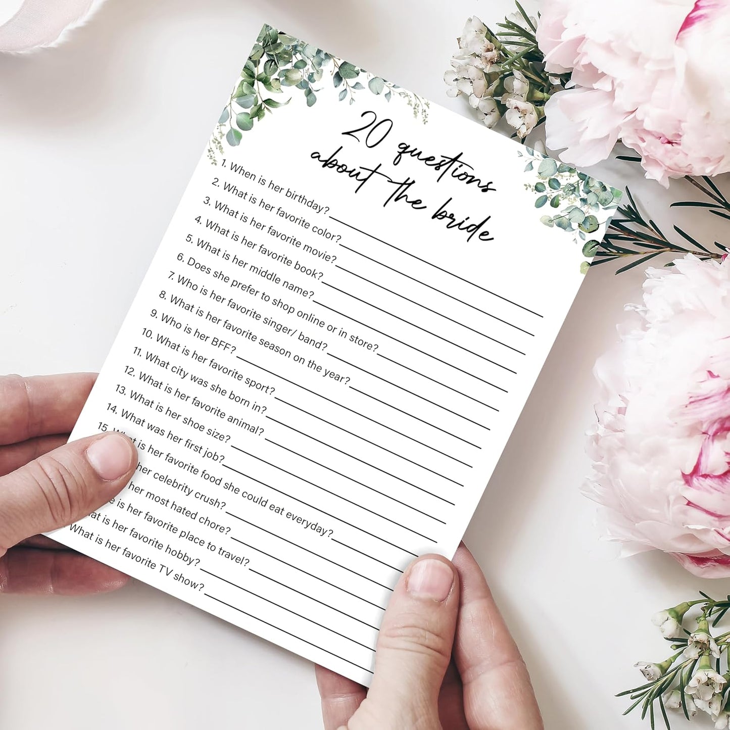 Eucalyptus Bridal Shower Game Cards - 20 Questions About The Bride, Wedding Engagement Bachelorette Party Bridal Shower Games for 30 Guests, Double Sided Cards Set of 30, Activity Supplies & Favor/A14