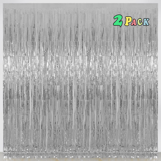 Silver Tinsel Fringe Backdrop Curtains for Parties, Melsan 3.2 x 8 ft Foil Streamer Disco Party Decorations Photo Booth for Birthday, Engagement, New Year Eve, Pack of 2