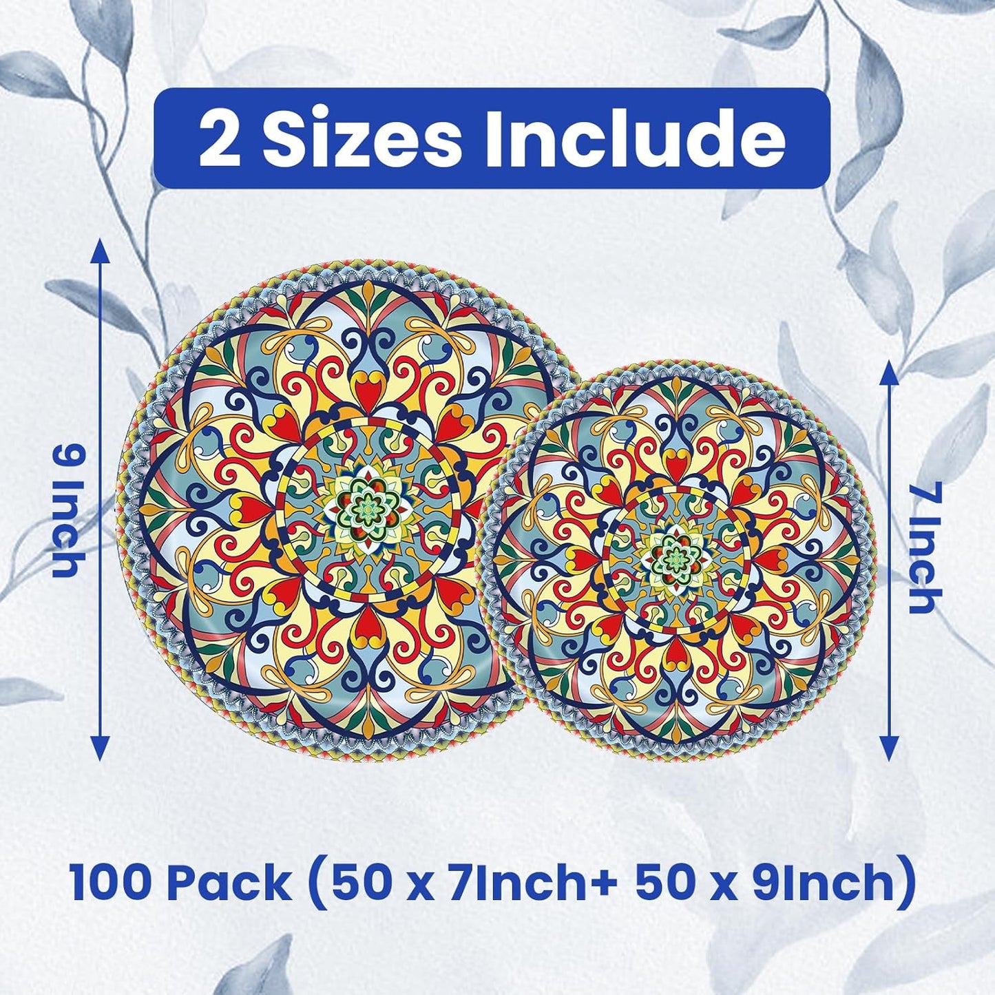 100PCS Boho Paper Plates (50×7 Inch & 50×9 Inch)–Vintage Bohemian Style Disposable Plates, Dessert Party Dinner Plates, Dinnerware Plate Set for Birthday Gatherings