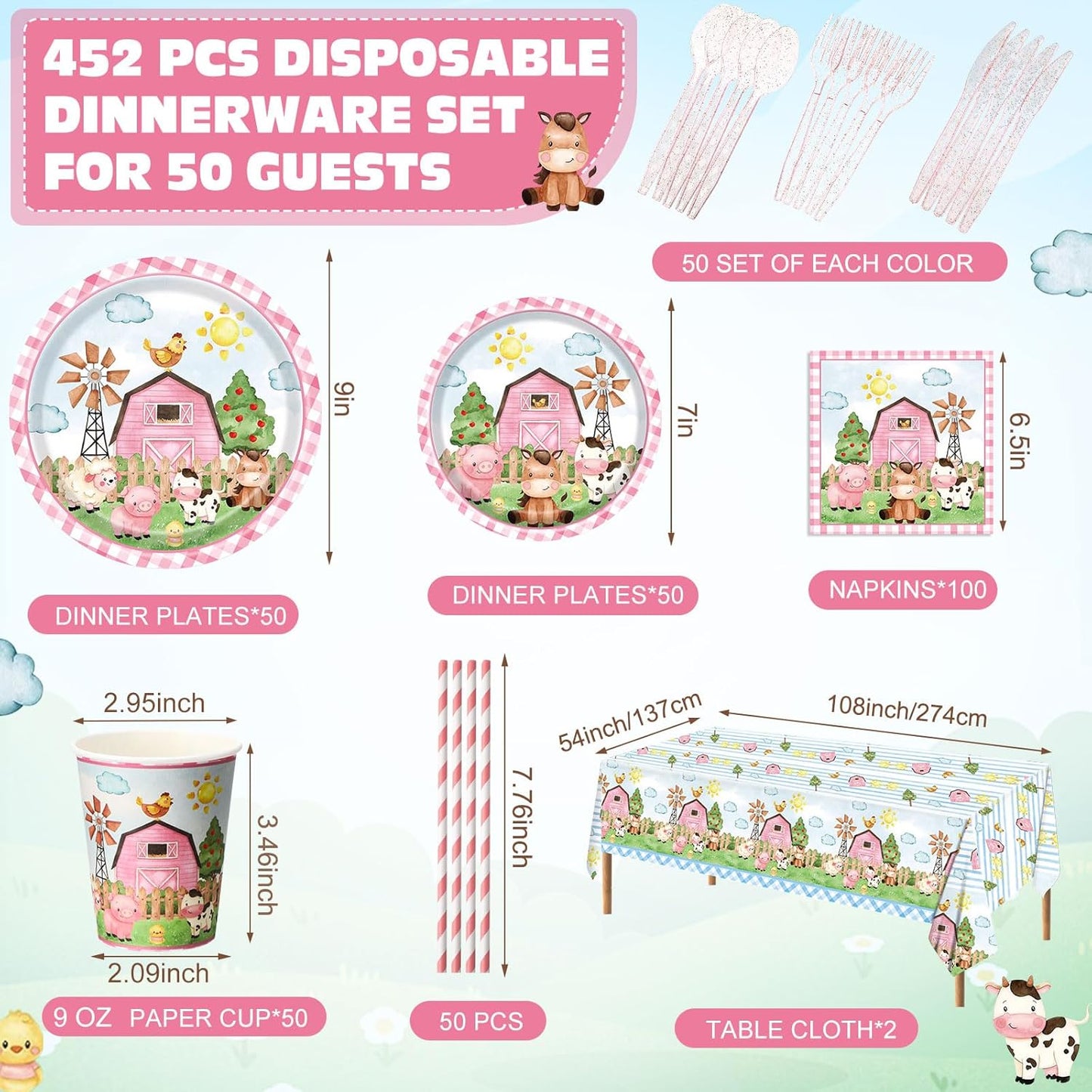452 Pcs Pink Farm Animal Birthday Decorations for 50, Barnyard Animal Paper Plates Napkins Cups Tablecloth Cutlery Straws Barn Farm Tableware Set for Birthday Baby Shower Party Supplies