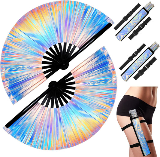 2pcs Rave Fans with Holsters 13 inches Large Folding Fan for Line Dancing Holographic Laser Clacks Fan Popping Fans for Music Festival Outfits Party Club Home Decoration