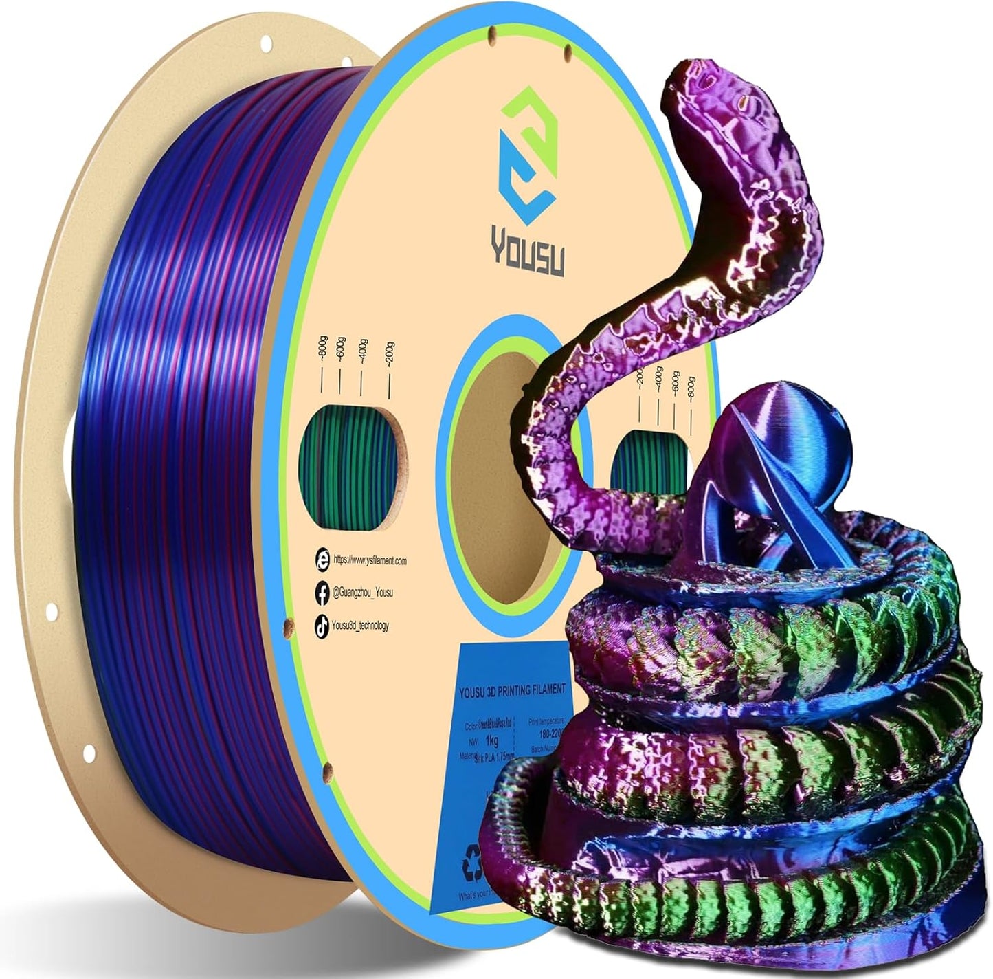 YOUSU 3D Printer Filament Triple Color Silk PLA Filament 1.75mm,3D Printing Filament Coextrusion Rainbow Filament with Silk PLA,1kg/2.2lbs,Silk Rose red/Blue/Green.