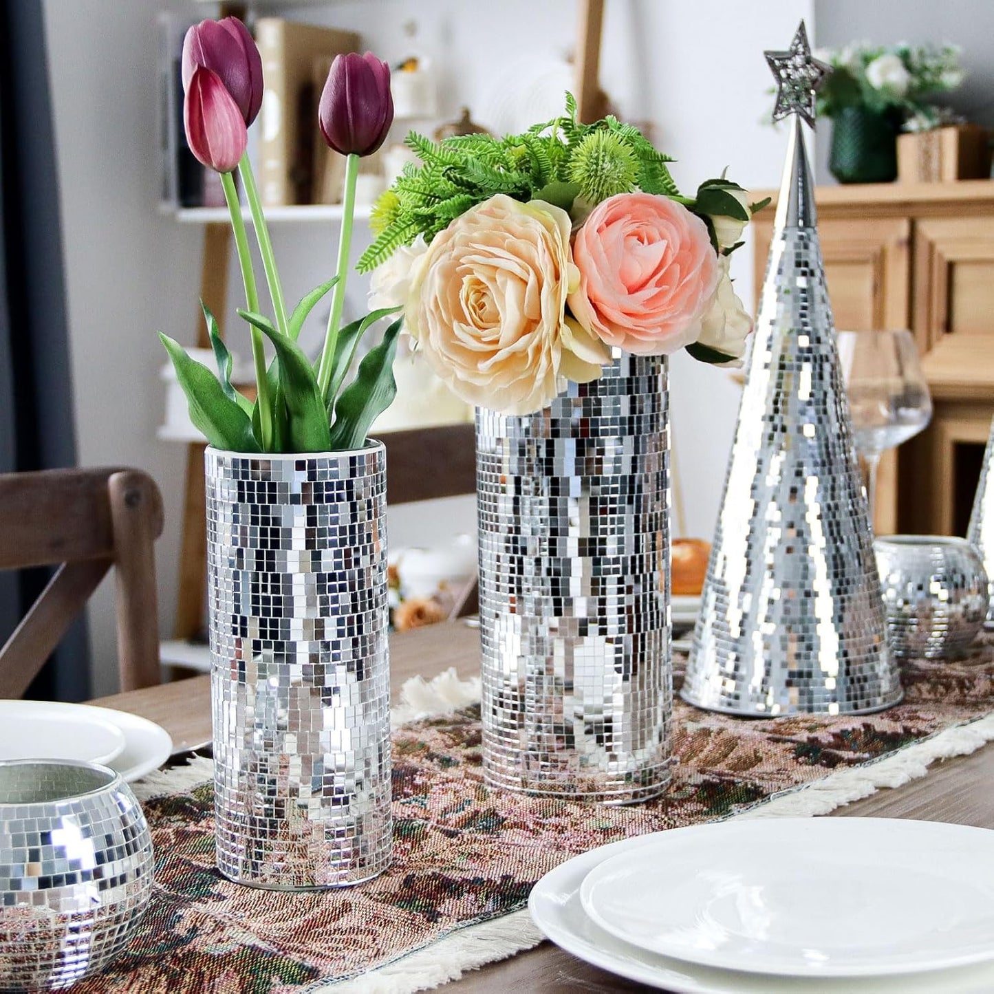 WDHODEC Disco Vase for Flowers 2 PCS Glass Mirror Vases for Living Room, Dining Room Centerpieces, Wedding Office Decorative Display Fresh Flowers, Candles, Or Seasonal Decorations