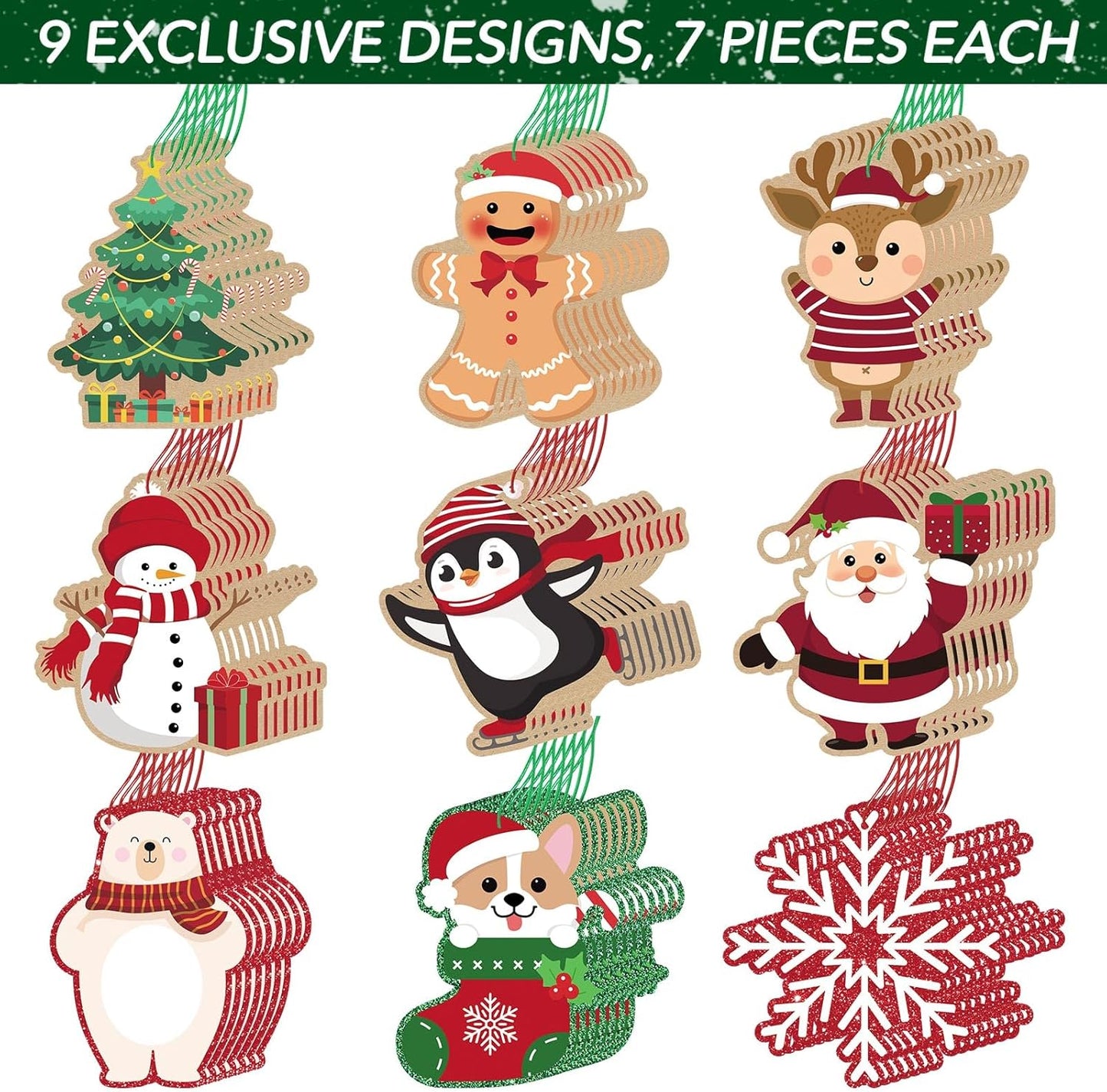 Glitter Printed Xmas Gift Labels - 63Pcs Christmas Name Tags with String and Reindeer, Santa, Snowman Gift Labels for DIY Holiday Present Wrapping