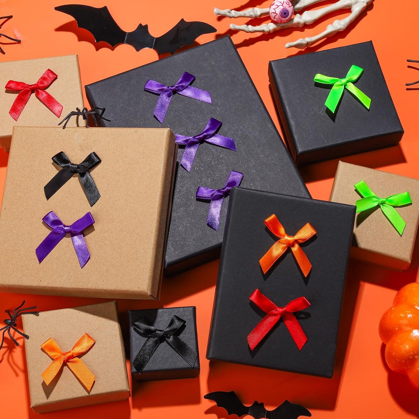 YGDZ Mini Bows, 50 PCS Small Satin Bows for Crafts, Halloween Decor, 5 Colors (Black, Orange, Purple, Red, Green), Tiny Bows for Gift Wrapping