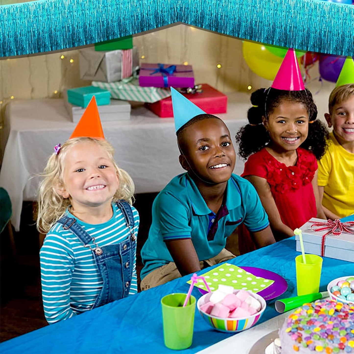 6 Pack 10 Feet Foil Fringe Garland Metallic Tinsel Streamers Banner Wall Hanging Curtain Backdrop Banner for Parade Floats, Thanksgiving, Christmas, Birthday, Halloween Party Decorations(Lake Blue)