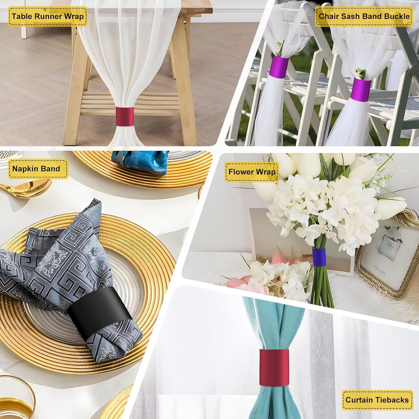 Polymer Material Reusable Napkin Band, Glue-Free Tear-Proof Water Resistant Oil-Proof Napkin Bands Set of 200(Assorted 4 Front Colors and Back White), 6 Adjustable Sizes Napkin Rings