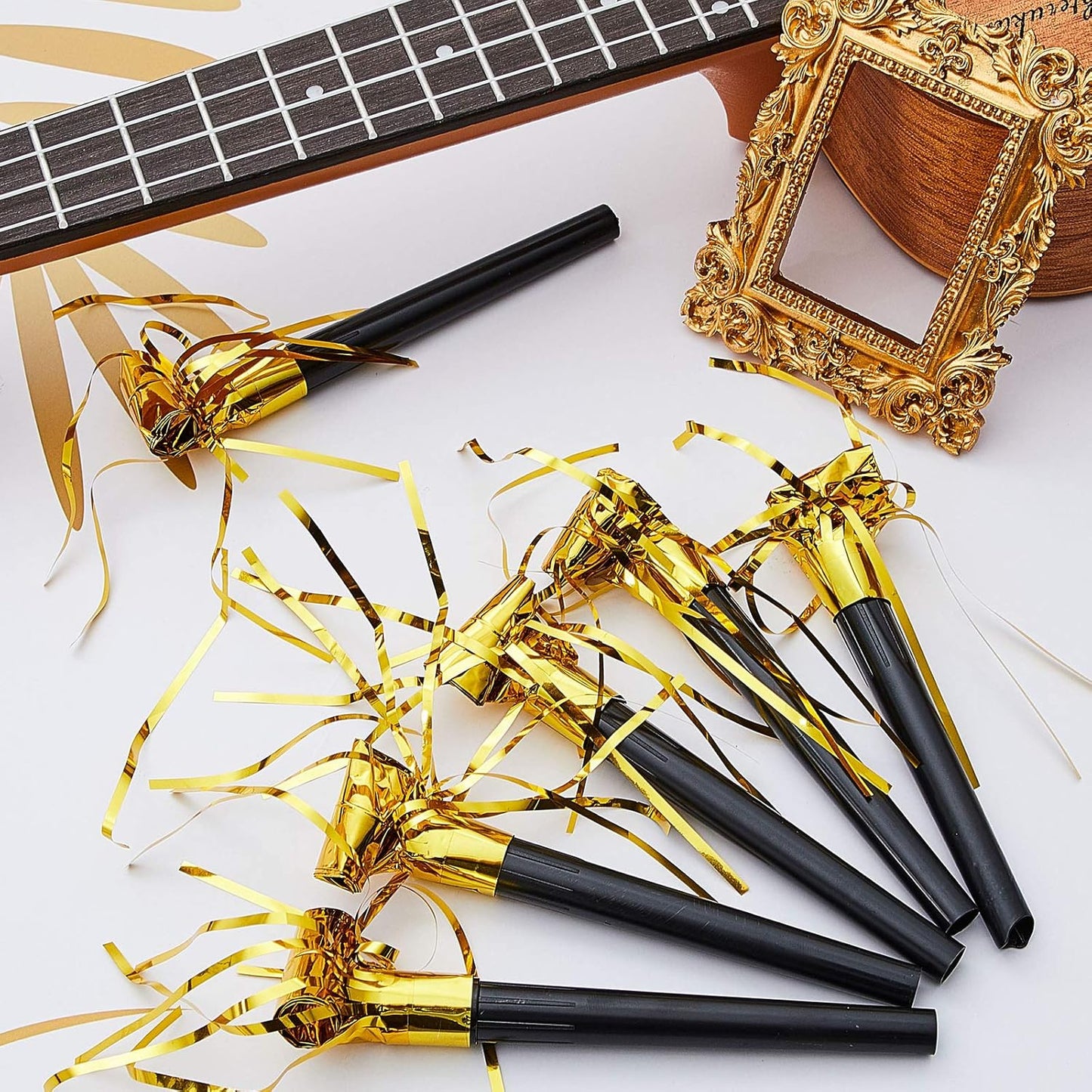 Skylety 18 Pcs Party Blower Noisemakers Party Squawkers Blowouts Whistles Fringed Noise Maker Musical Blowouts for Birthday Supplies(Black and Gold)