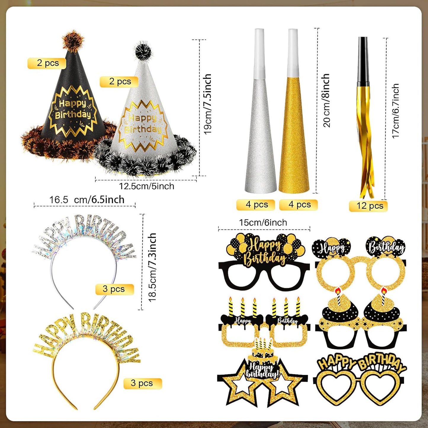 Sratte 36 Pcs Black Gold Style Birthday Party Favors Set Happy Birthday Hat Headband Glasses Noise Makers Party Horns