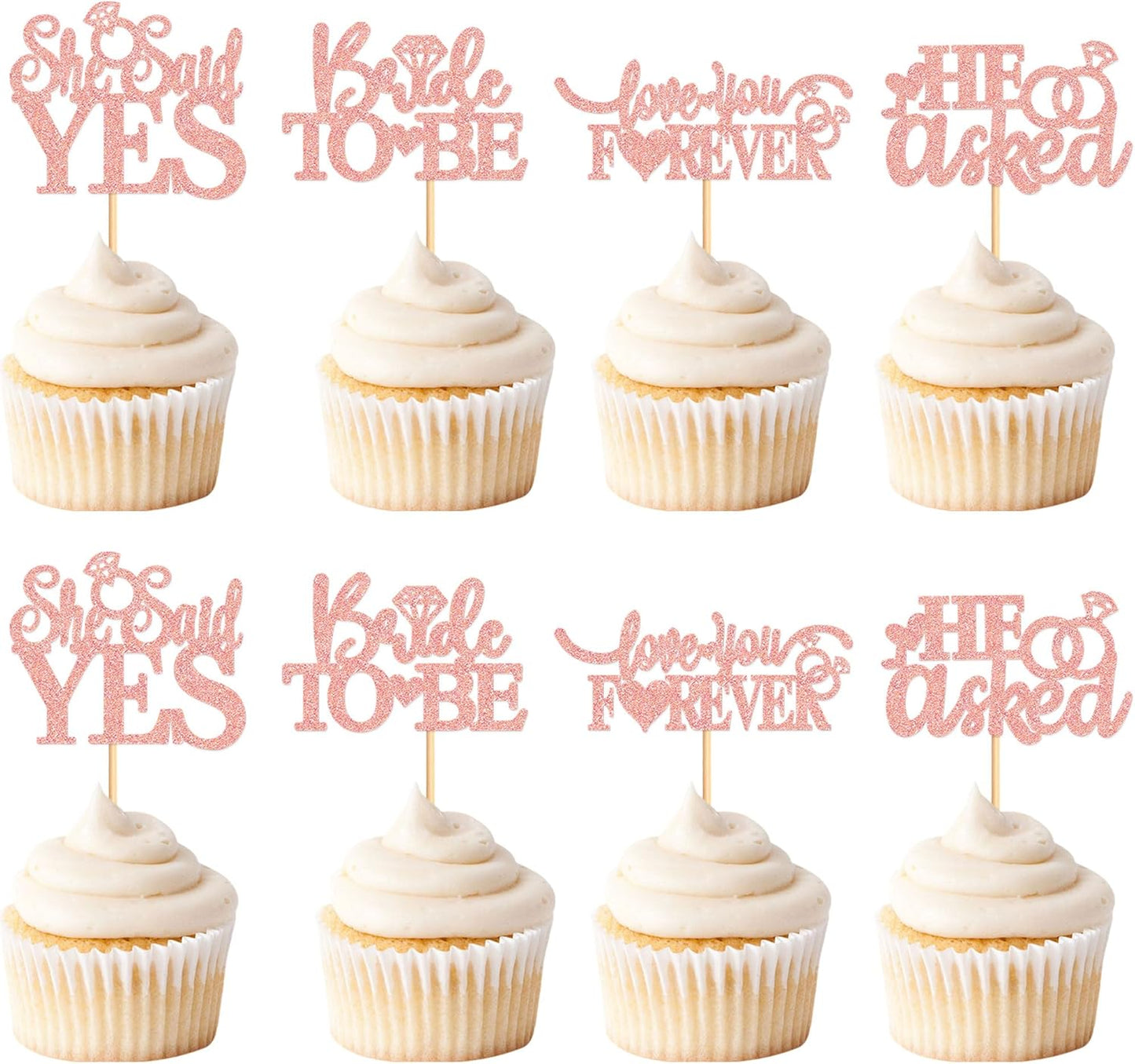24 Pcs He Asked She Said Yes Cupcake Toppers Cake Picks for Wedding Engagement Party Cake Picks for Wedding Bridal Shower Party Cake Decorations Rose Gold
