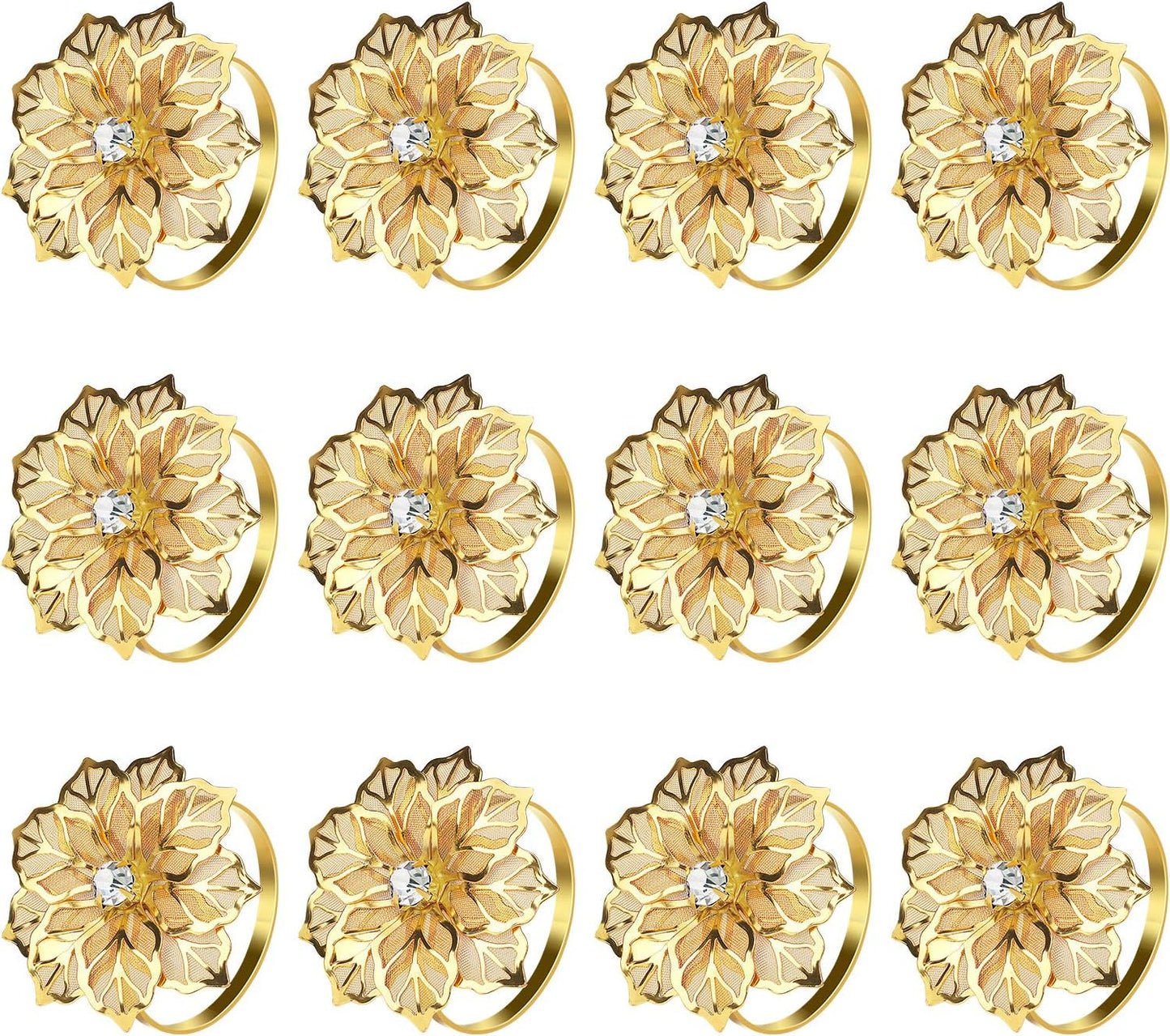 KPOSIYA Set of 20 Napkin Rings, Metal Gold Hollow Out Flower Napkin Ring Holder for Wedding Party Holiday Banquet Christmas Dinner Delicate Serviette Buckles Decor Favor (20, Flower-Gold)