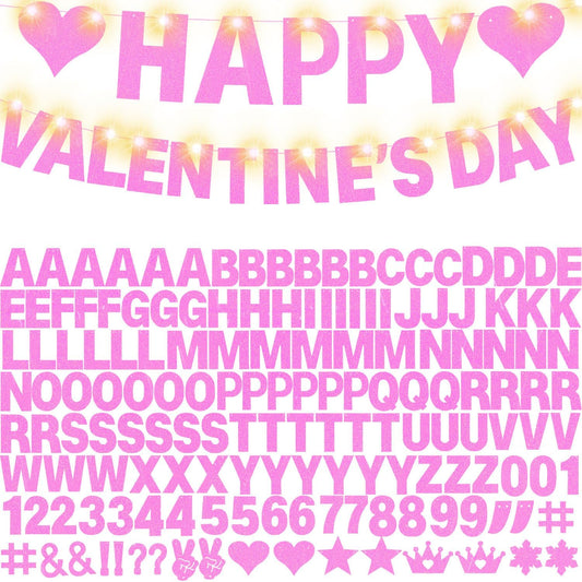 167Pcs DIY Glitter Customizable Banner Kit Happy Birthday Letter Banners Happy Valentine's Day Banners Love Heart Personalized Banner Decor Birthday Party Decorations Supplies(Glitter Light Pink)
