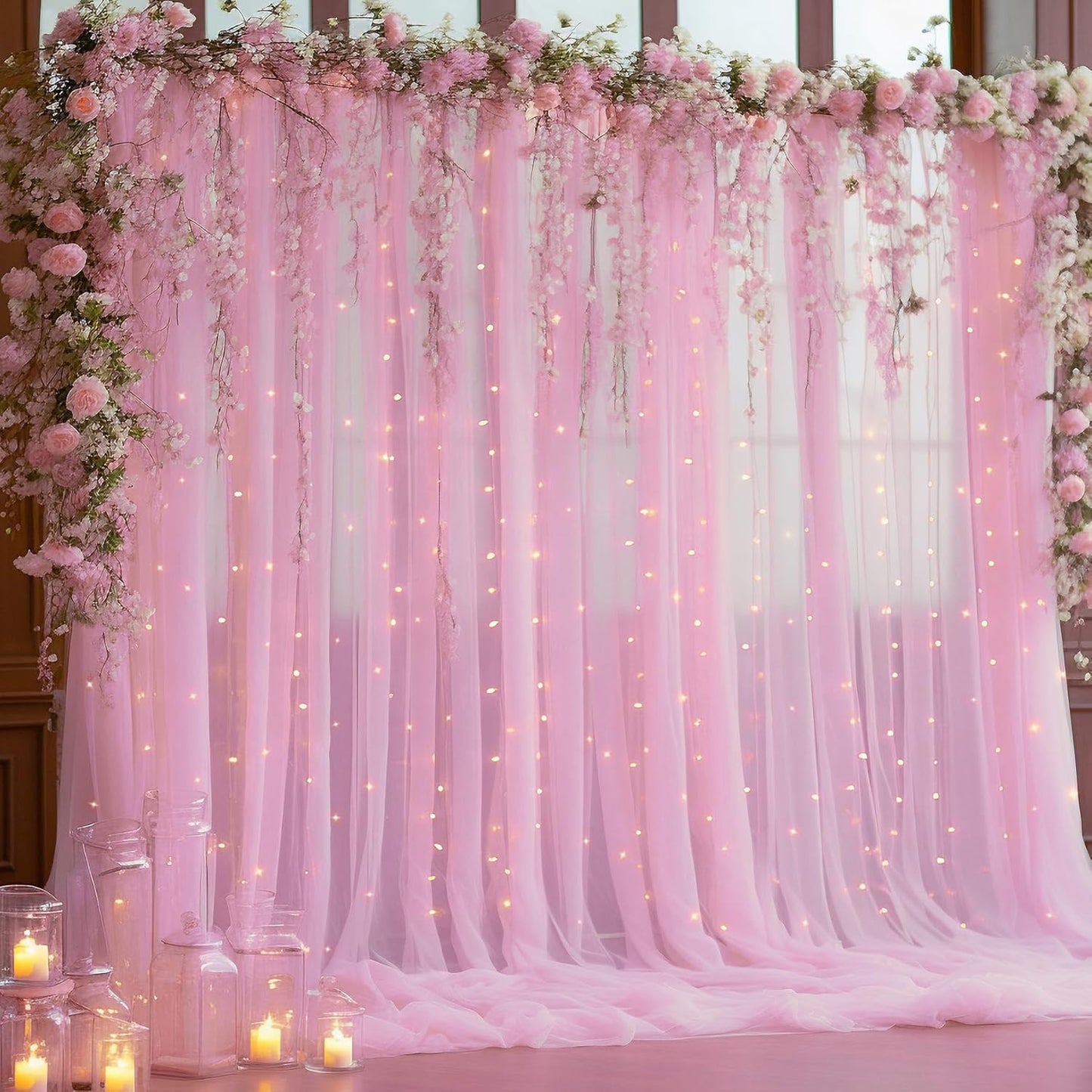 10×10ft Pink Tulle Backdrop Curtain with Lights String for Parties, Sheer Photo Curtain Backdrop Drapes for Wedding Party Photography Backgrounds