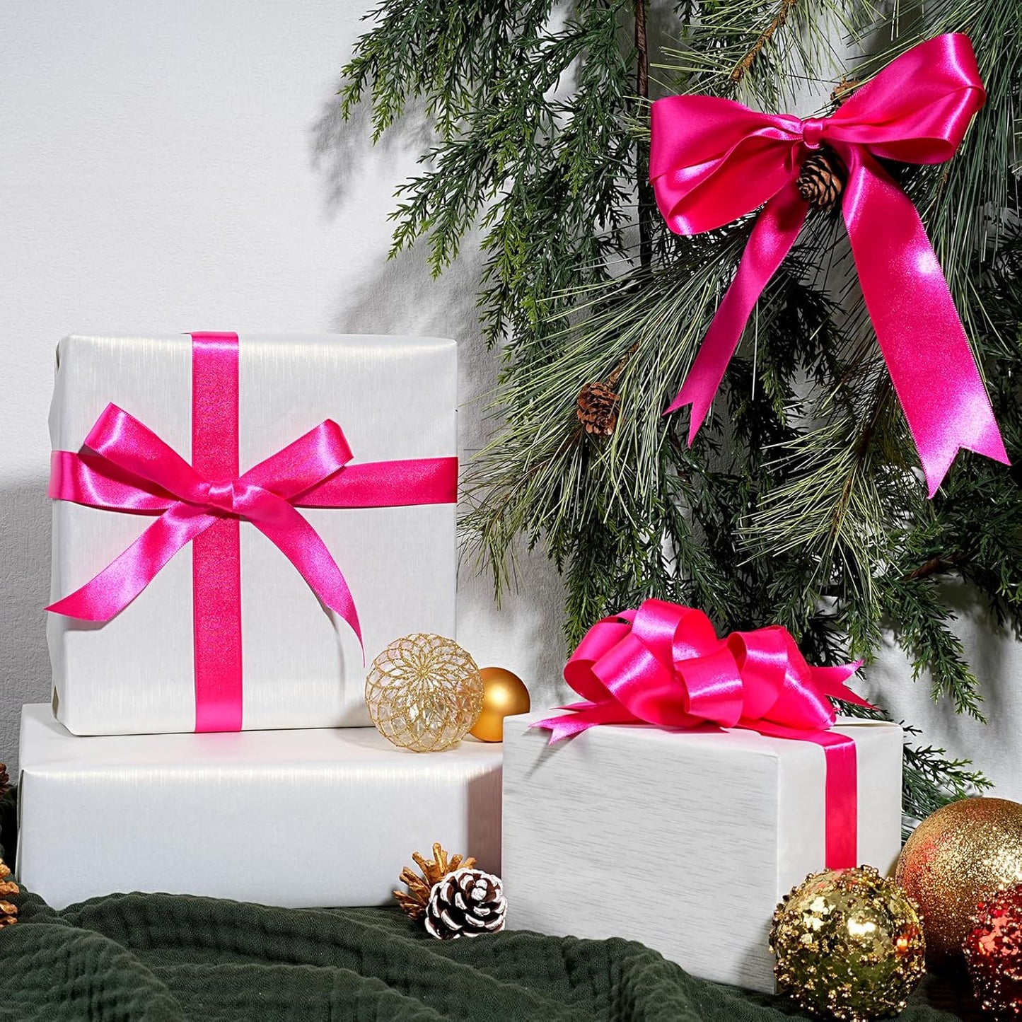 LaRibbons Hot Pink Satin Ribbon 1 Inch 25 Yards Luxury Double Faced Hot Pink Ribbon for Gift Wrapping Pink Breast Cancer Ribbons Flower Bouquet Crafts Wedding Party Christmas Decoration