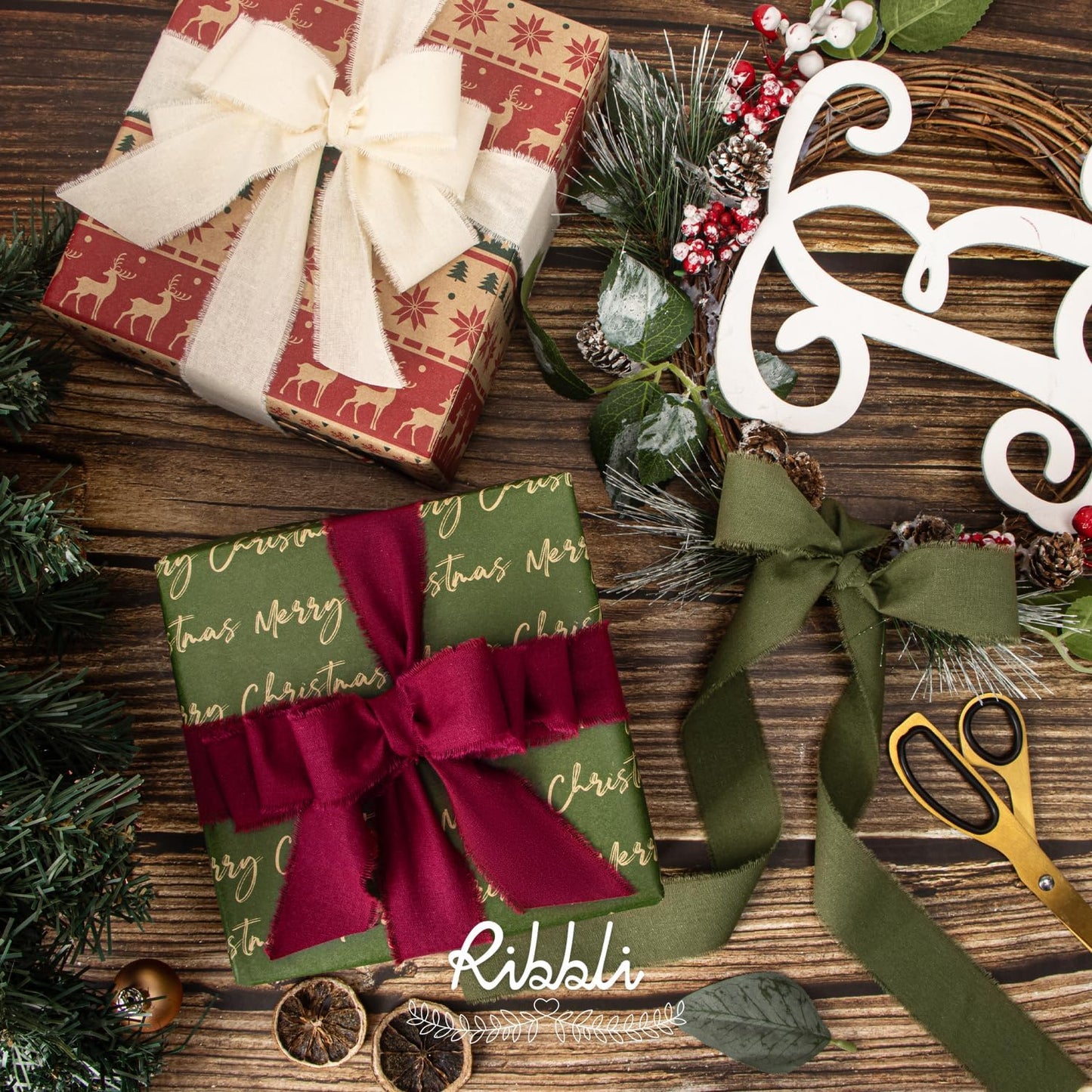 Ribbli 3 Rolls Christmas Ribbon 1.5 Inch x 18 Yards Ivory Burgundy Moss Handmade Cotton Frayed Fringe Ribbons for Gift Wrapping Wedding Invites Bridal Bouquets DIY Crafts Christmas Home Decor