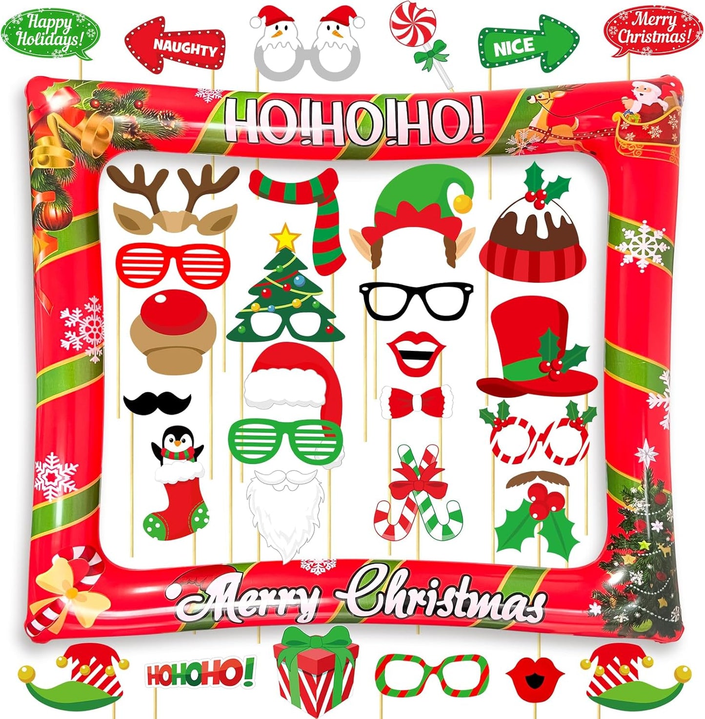 Christmas Photo Booth Props Inflatable Frame, 32Pcs Christmas Party Photo Booth Props with Inflatable Picture Frame Large for Xmas Holiday Party Selfie Supplies