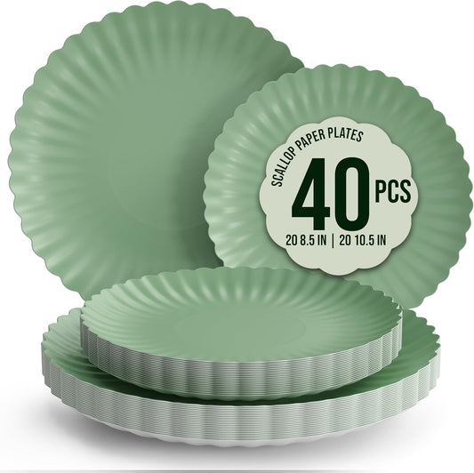 Trendables Scalloped Paper Plates 8.5 Inch & 10.5 Inch 40 Pcs Dinner Plate Set Fancy Disposable Plates for Party for 20 Guests 20 X 8 & 20 X 10 Large & Small Paper Plate Set for Parties Matcha