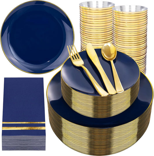 NOCCUR 350PCS Navy Blue Plastic Plates - Blue Disposable Dinnerware Set for 50 Guests, 100 Dinner/Dessert Plates, 150 Gold Silverware, 50 Cups&50 Napkins for Party/Wedding/Hanukkah