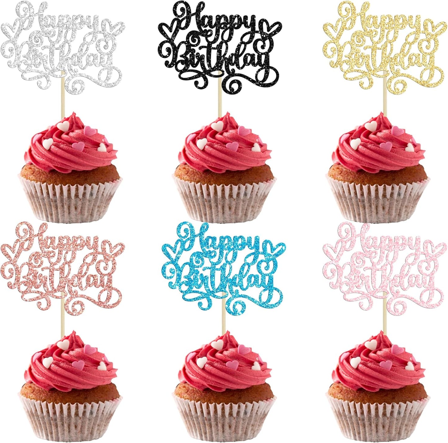 Gyufise 24Pcs Happy Birthday Cupcake Toppers Glitter Happy Birthday Cupcake Picks for Celebrating Happy Birthday Anniversary Theme Party Cake Decorations Supplies Black Pink Blue