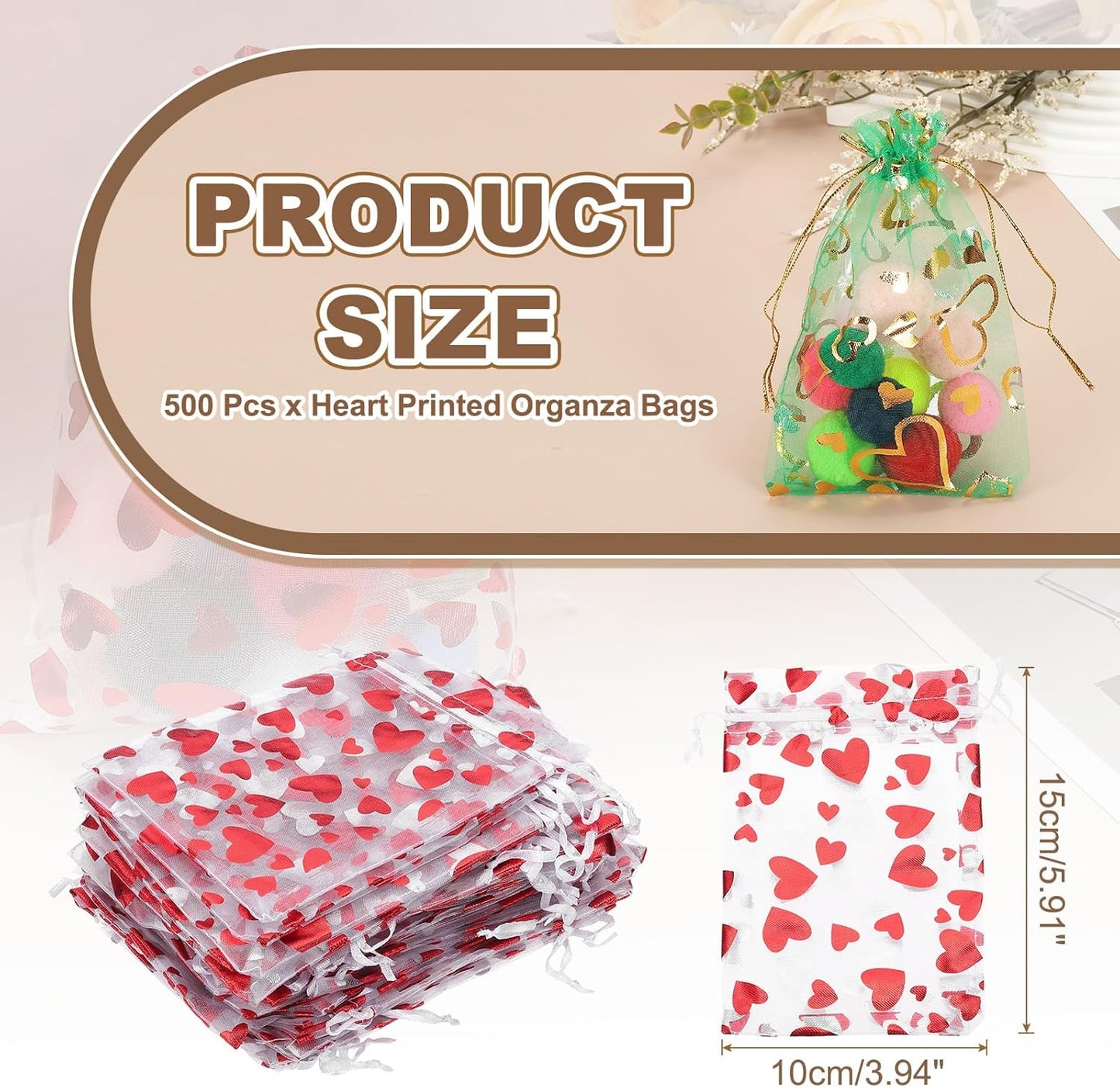 PATIKIL 50 Pcs 4x6 Inch Heart Printed Organza Bags, Red Sheer Heart Organza Bags with Drawstring for Festival Candy Jewelry Party Wedding Favor Gift