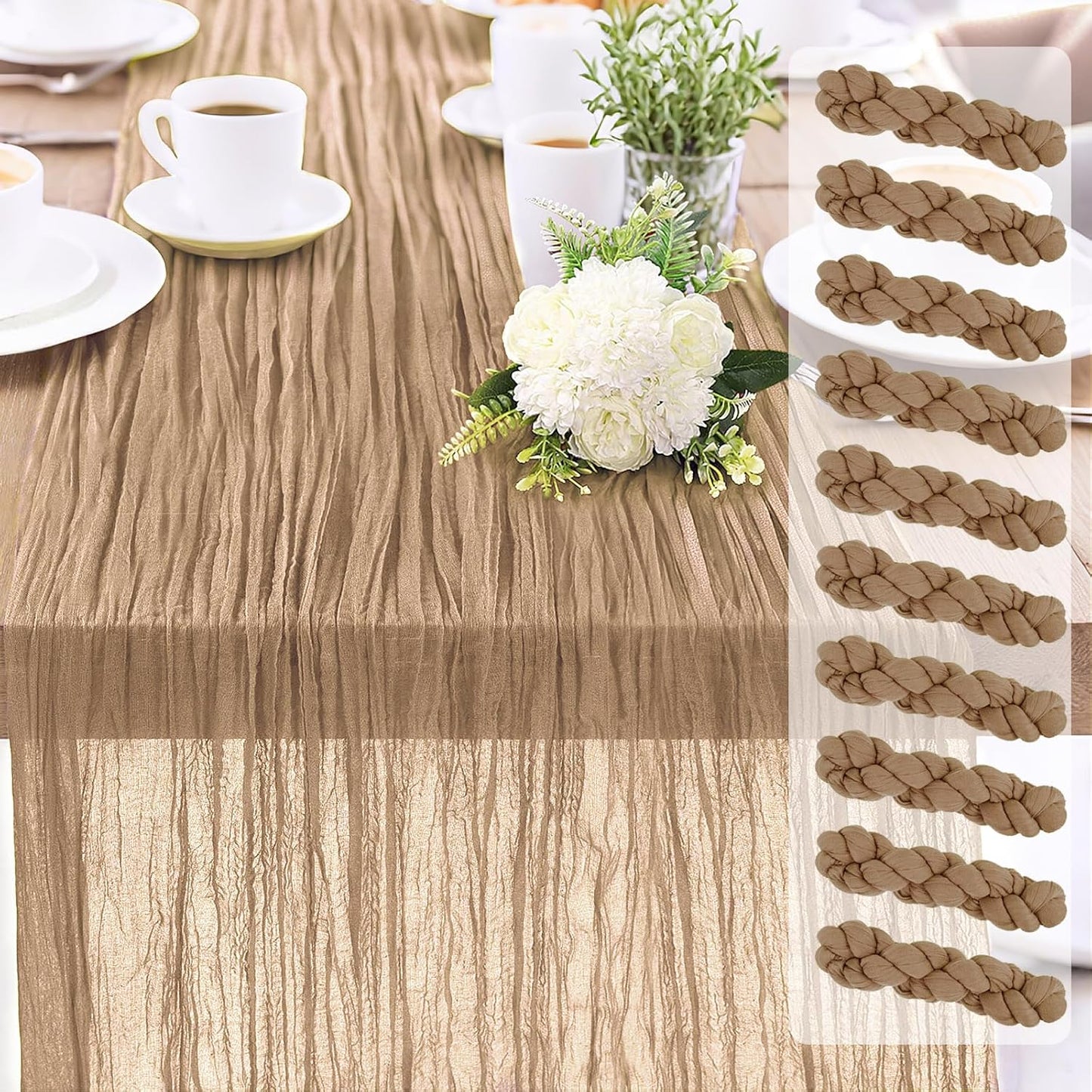 10-Pack Khaki Cheesecloth Table Runners – 10FT (35x120 Inch) Boho Rustic Gauze Fabric Cheese Cloth Table Runner for Weddings, Baby Showers, Bridal Shower, Farmhouse & Birthday Party Decor