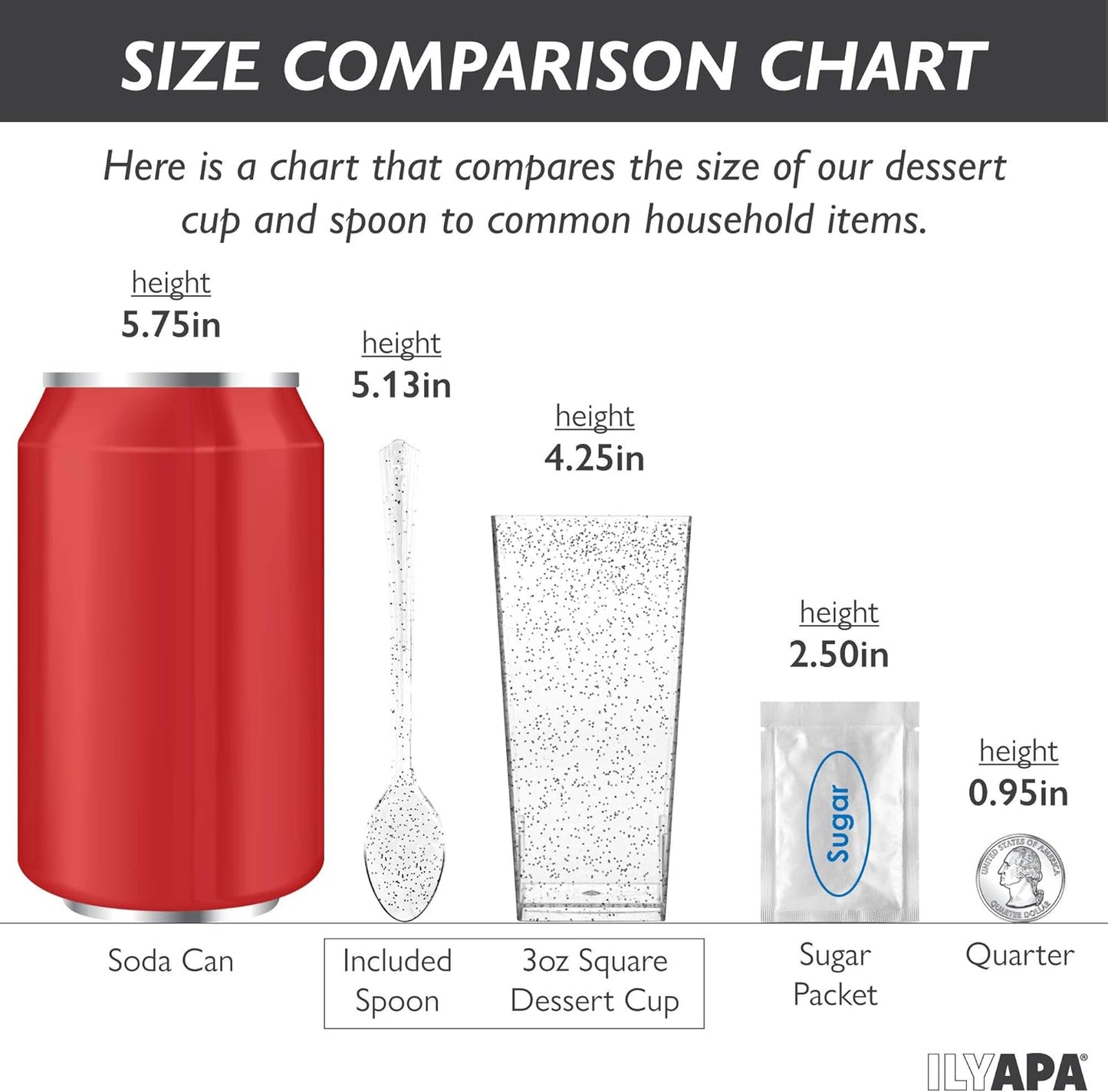 Ilyapa 3oz Plastic Dessert Cups - 100 Pack Mini Dessert Cups with Spoons - Clear Reusable Small Appetizer Cup for Cheesecake Shooters, Chocolate Mousse - Party and Catering Supplies - Square Silver