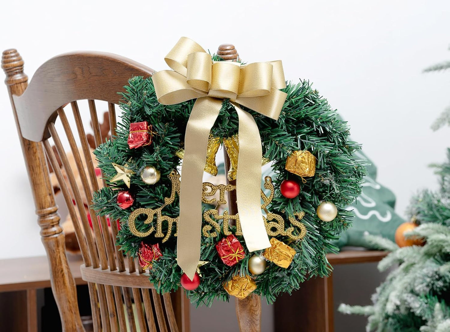 Gold Satin Wired Ribbon 1-1/2 Inch Double-Faced Glitter Ribbons for Wreath, Christmas Tree Decoration, Gift Wrapping, Home Decor 10 Yards