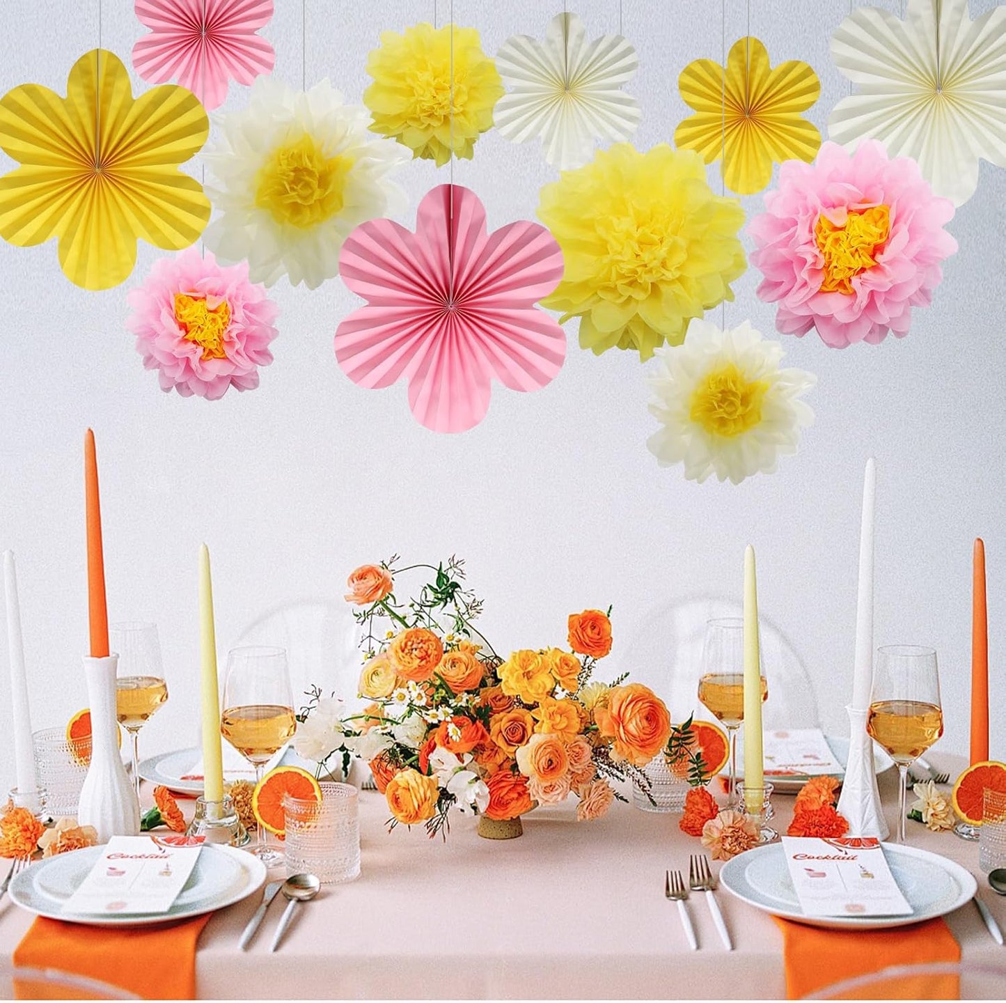 BestoFun 12PCS Paper Flowers Fans Pink Yellow Party Decorations Tissue Paper Flowers Decorations for Girl Groovy Birthday Baby Shower Wedding Bachelorette Room Wall Hanging Décor