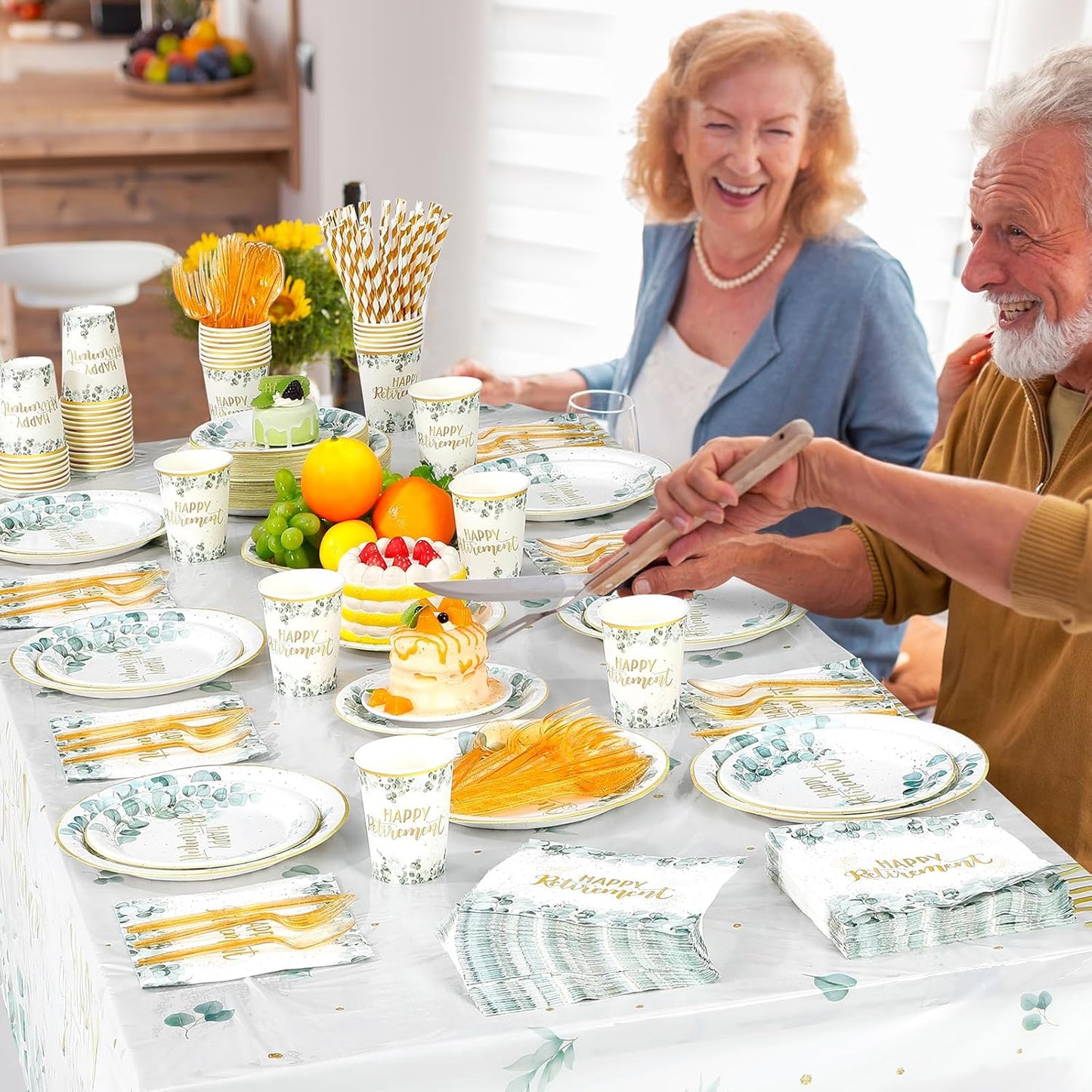 452 Pcs Sage Green Retirement Party Supplies Happy Retirement Paper Plates Napkins Cups Tablecloth Cutlery Straws for Men Women Employee Coworker Teacher Farewell Party Decorations