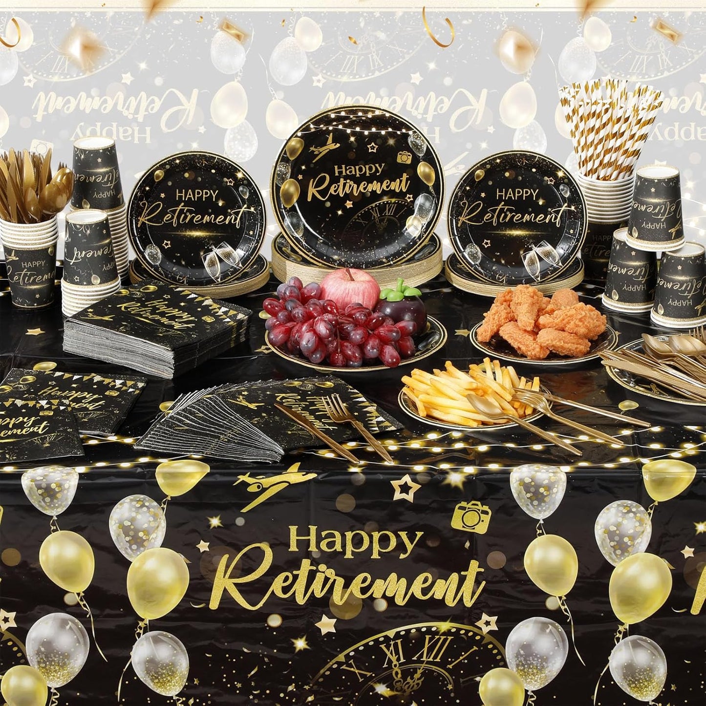 452 Pcs Black Gold Retirement Decorations Supplies for 50 Guests, Happy Retirement Paper Plates Napkins Cups Tablecloth Cutlery Straws Disposable Tableware Set for Men Women
